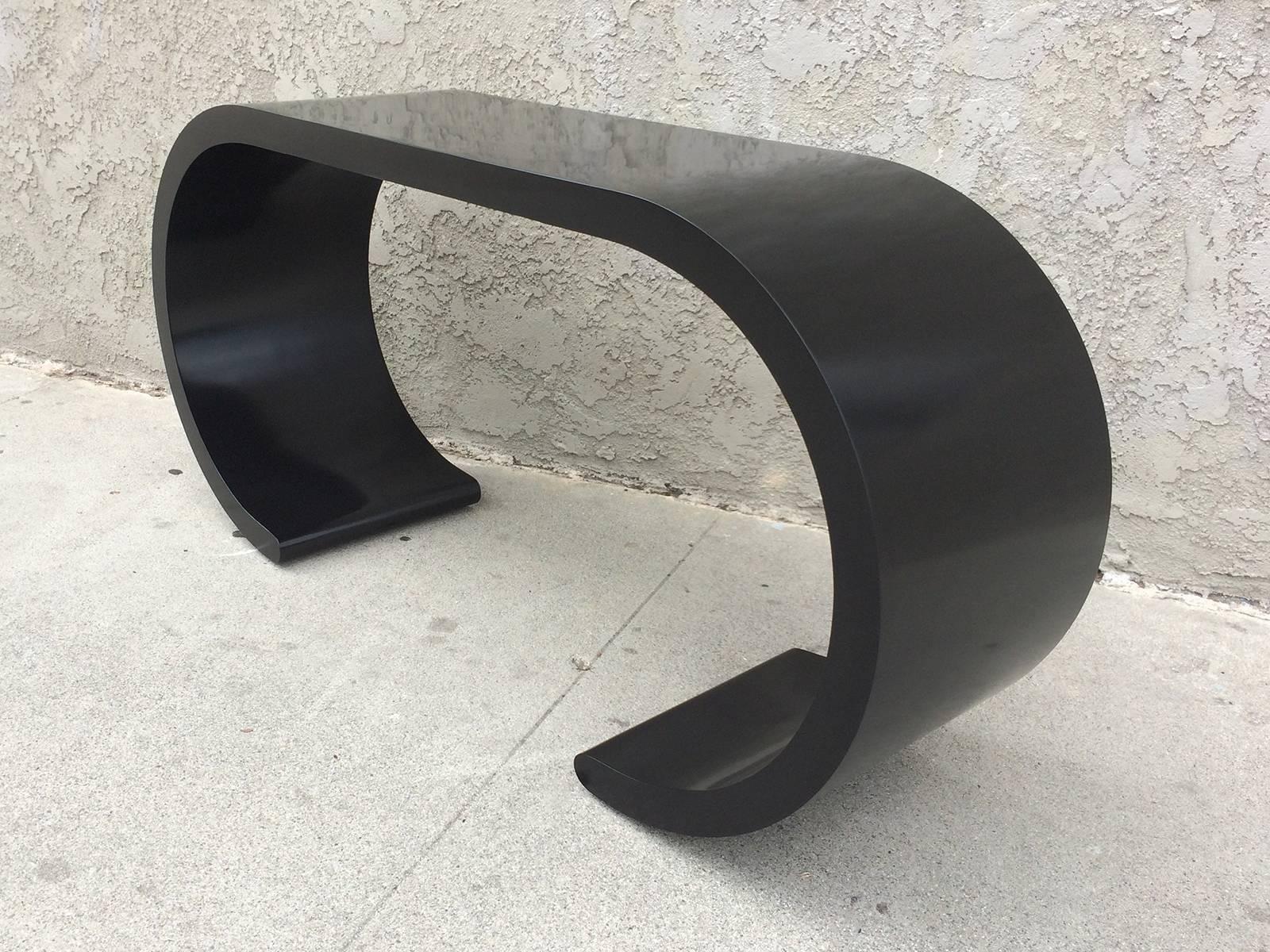 Mid-Century Modern Chic Black Lacquer Scroll Console Table in the Manner of Karl Springer