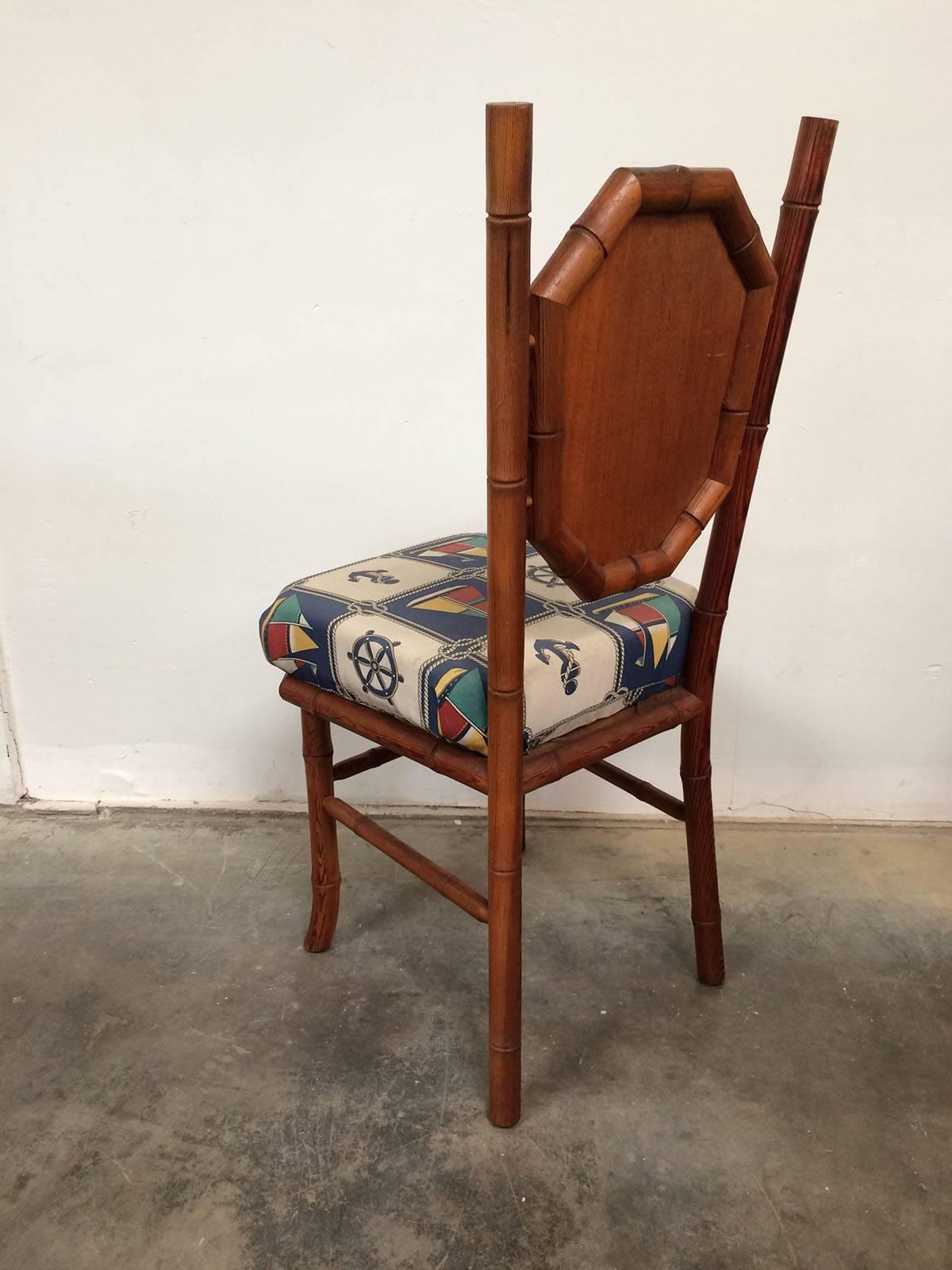 Upholstery Nautical Themed Card Table and Chairs in Red Wood Faux Bamboo