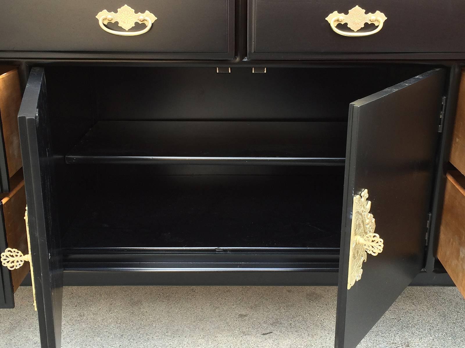American Black Lacquer Buffet with Ornate Brass Handles by Willet
