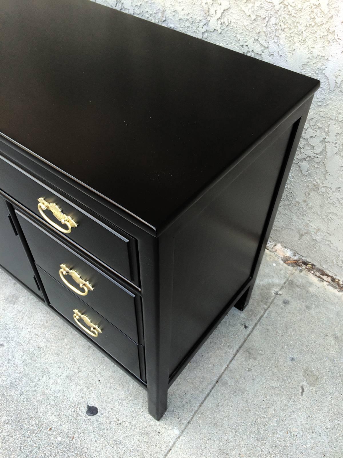 Black Lacquer Buffet with Ornate Brass Handles by Willet In Excellent Condition In Pasadena, CA