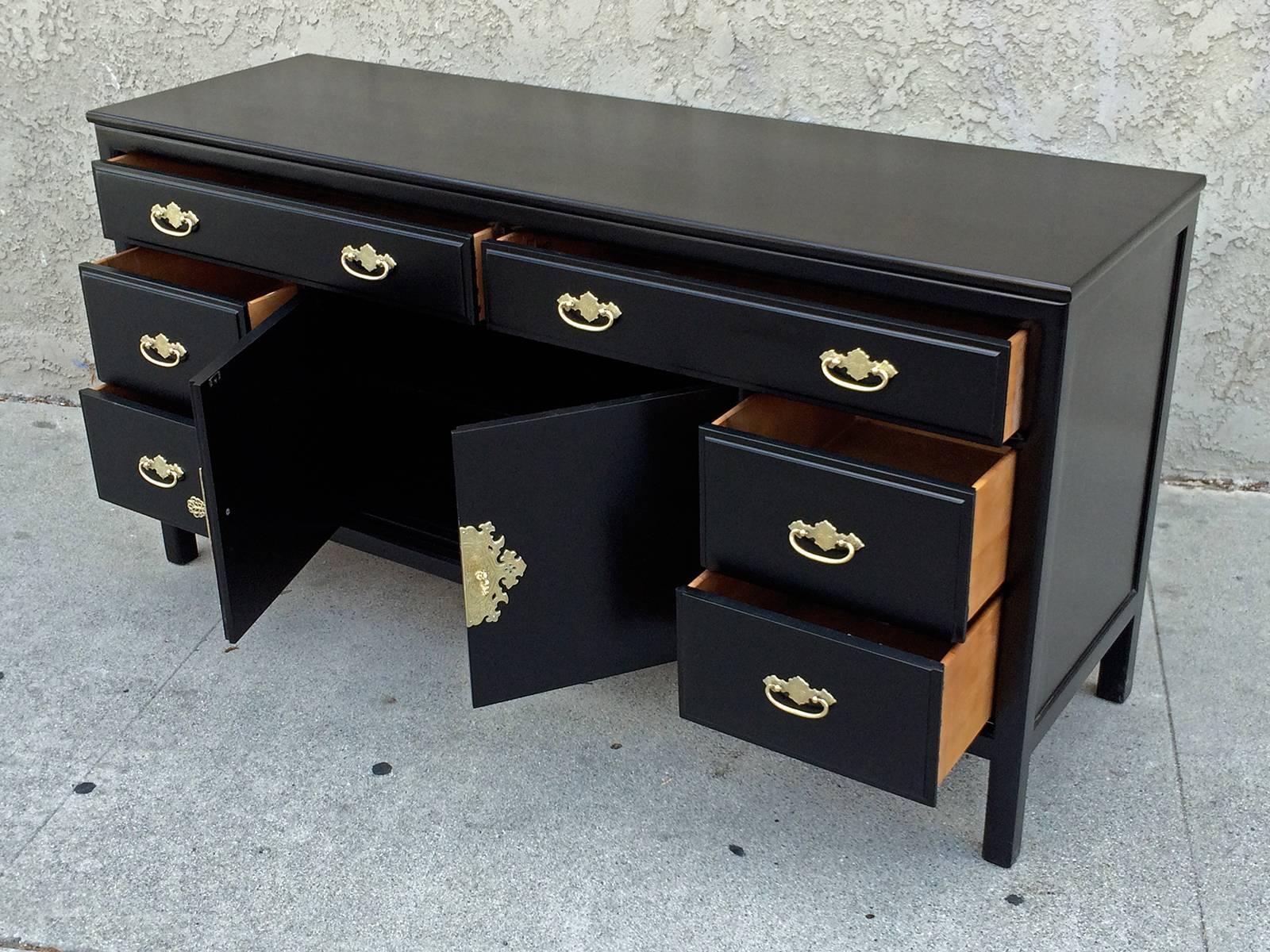 Mid-Century Modern Black Lacquer Buffet with Ornate Brass Handles by Willet
