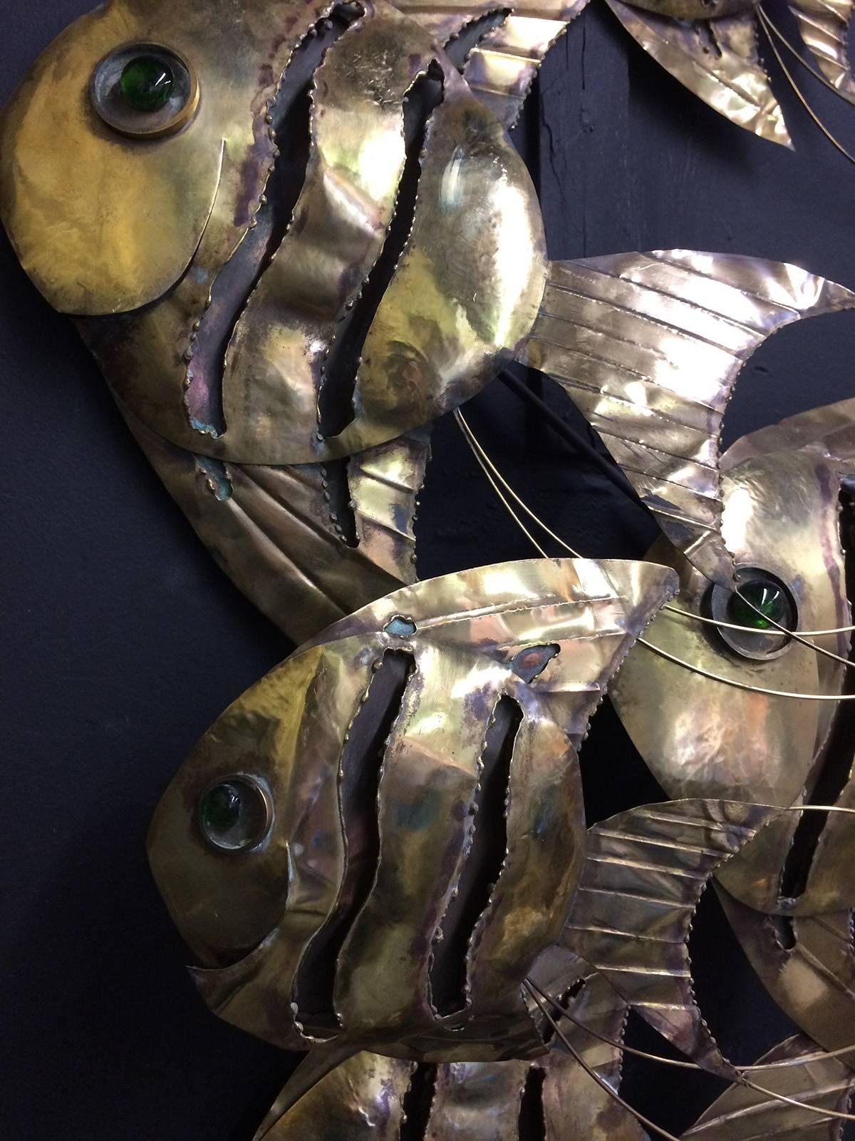 Mid-Century Modern School of Fish Wall Relief in Brass by Curtis Jere