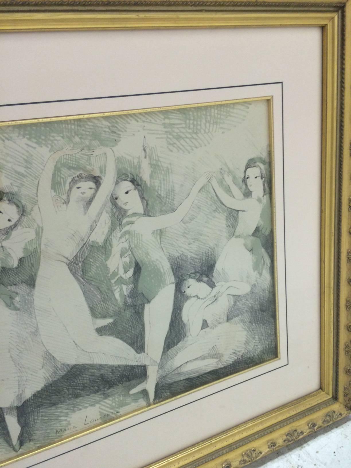 This lithograph after an artwork by the painter Marie Laurencin in a cool green pallete shows a lightness of touch and impressive drafting skills. 
Printed by the Chacalgraphie du Louvre in an open edition
CR reference: Marchesseau 187

The