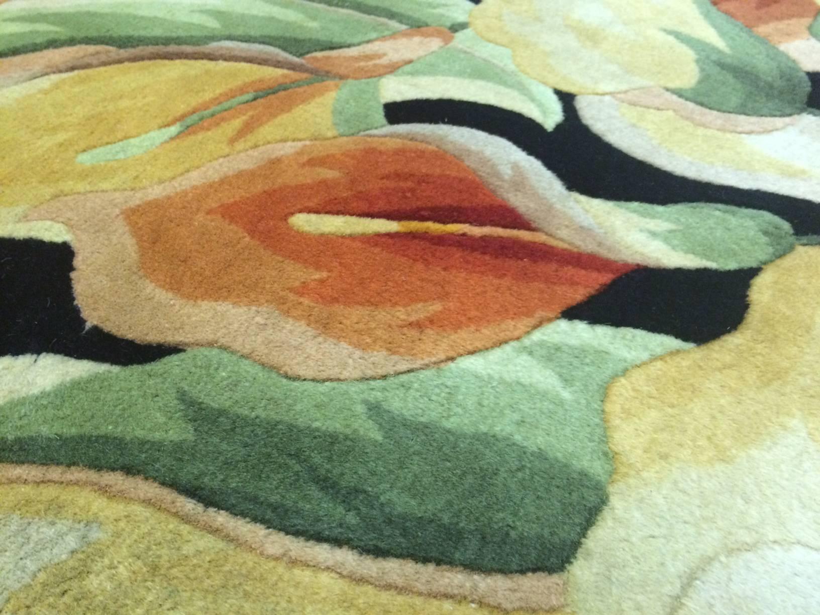 American Colorful Wool Floral Rug on Black Background For Sale
