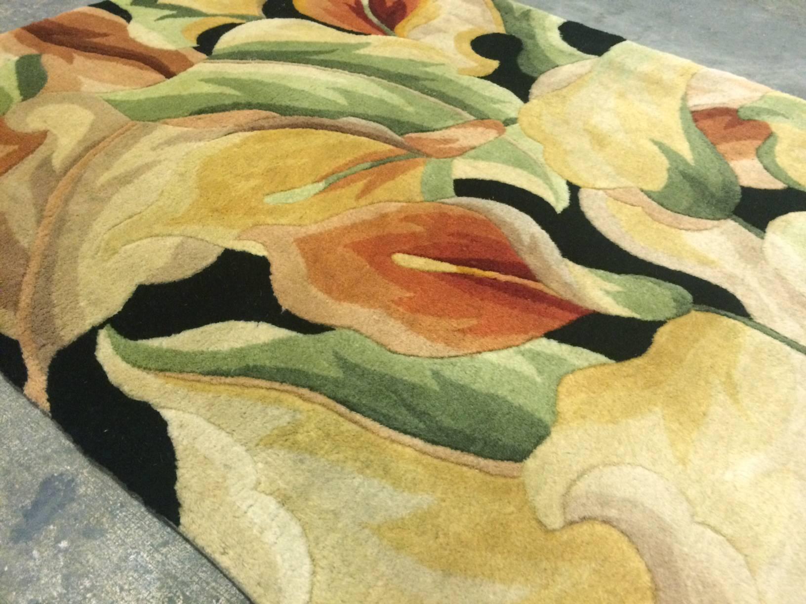 Colorful Wool Floral Rug on Black Background In Excellent Condition For Sale In Pasadena, CA