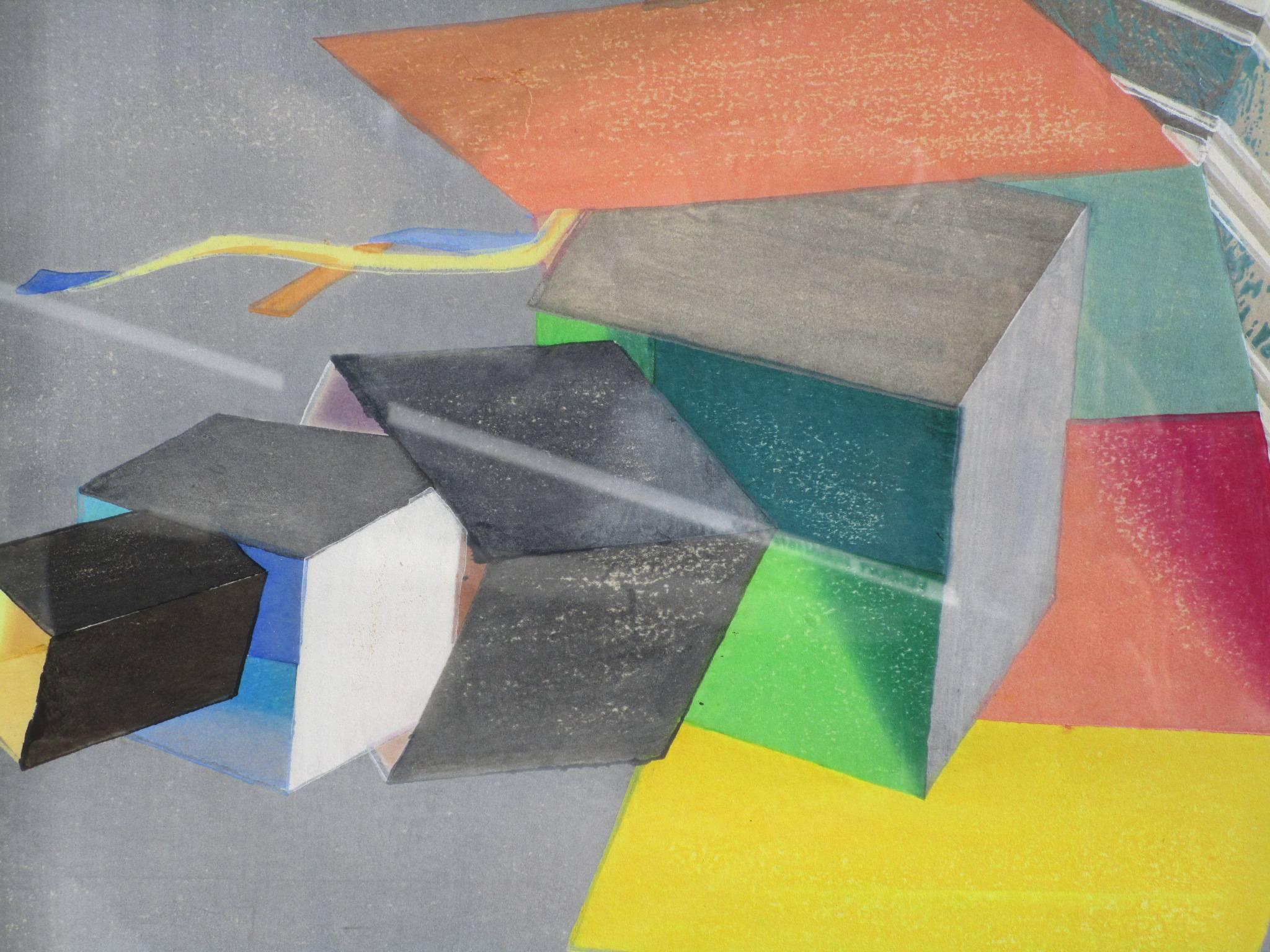 Whimsical Lithograph of Colorful Blocks and Box on Grey 1