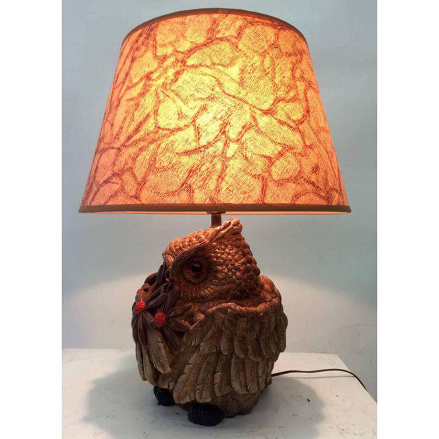 Mid-Century Carved Wood Owl Lamp In Excellent Condition In Pasadena, CA