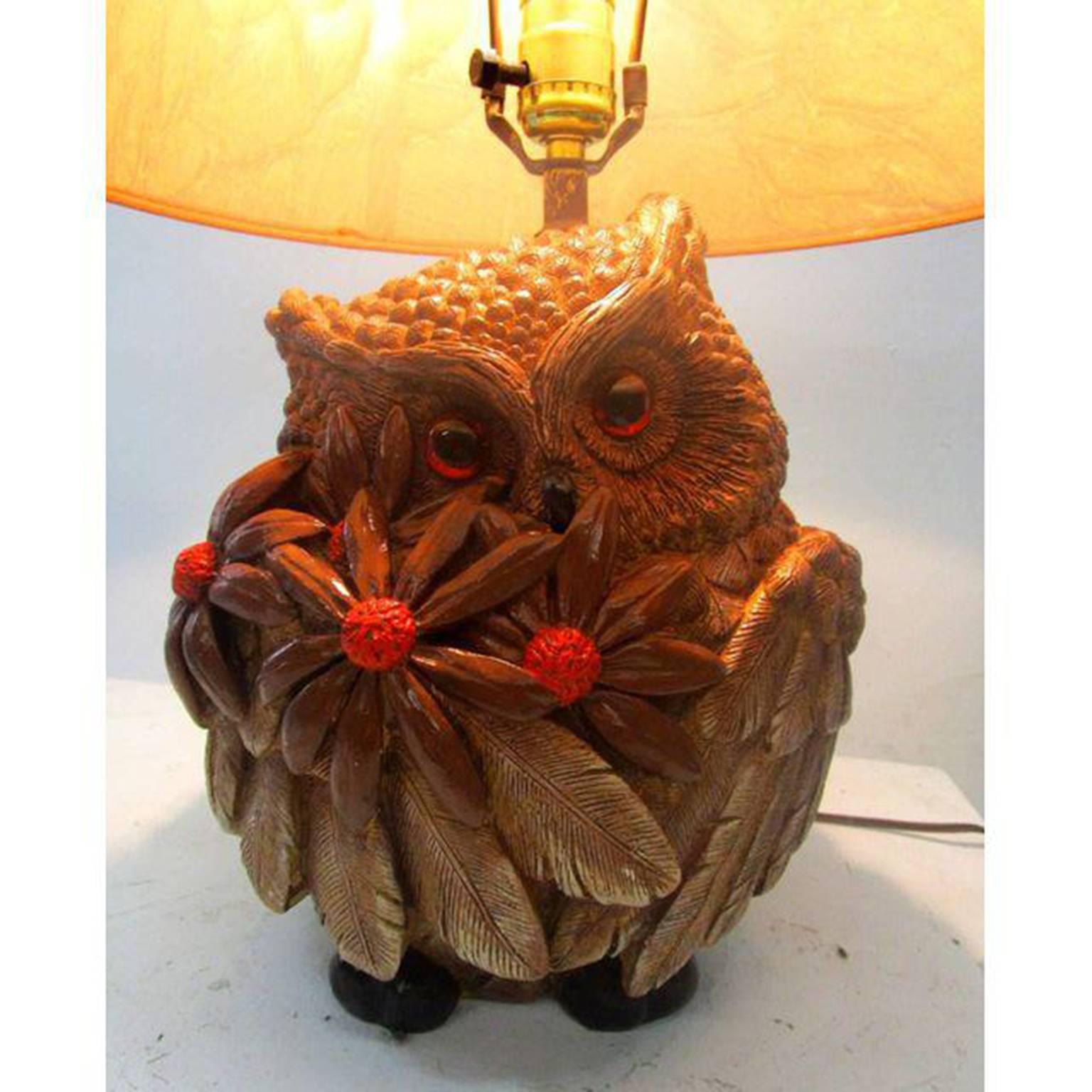 Mid-20th Century Mid-Century Carved Wood Owl Lamp