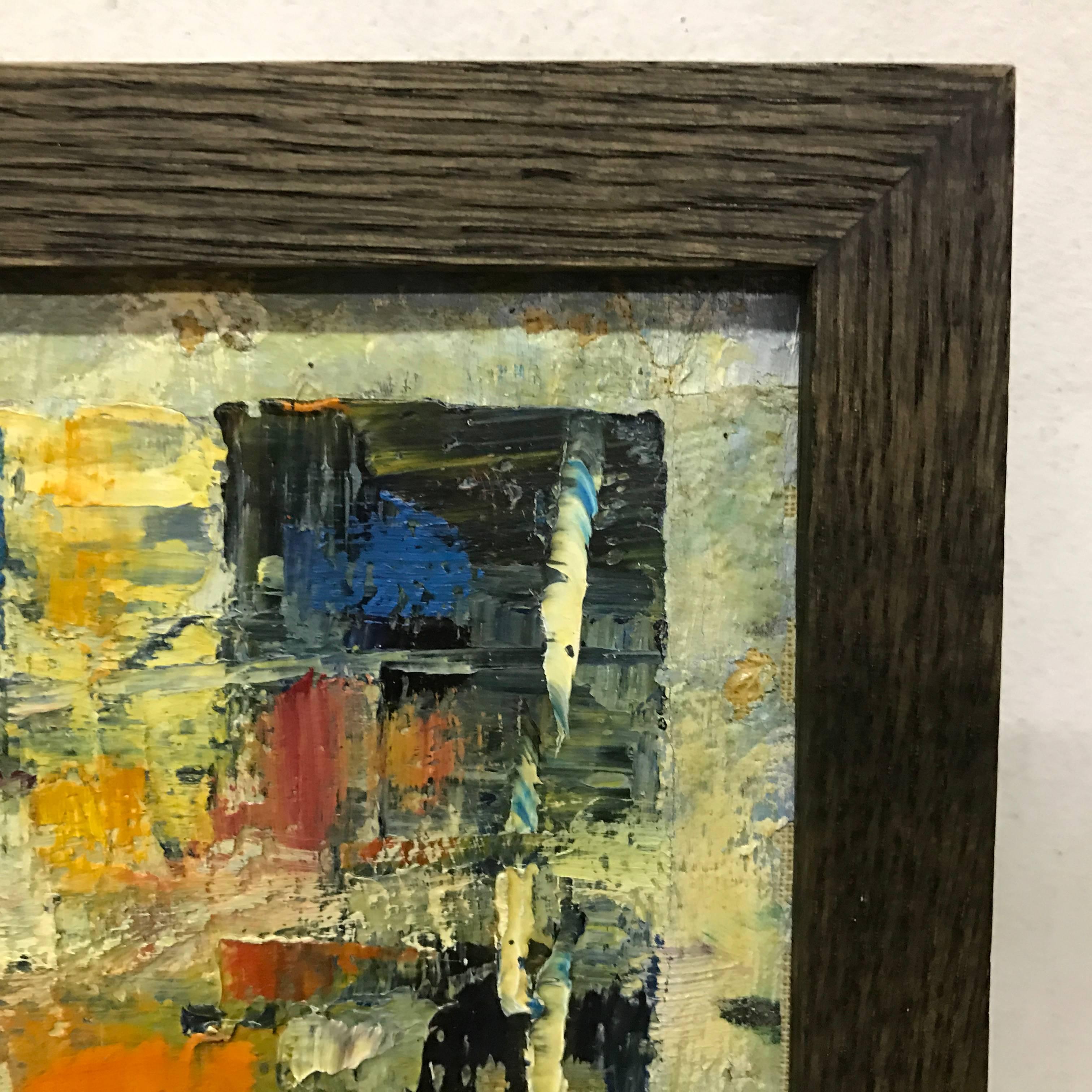 Multicolored abstract painting signed by Spanish artist Juan Sevilla Saez, born 1922. This piece is a rare departure from his usual depictions of Parisian street scenes and landscapes. He lived in Paris in the 1960s.
Sevilla Saez's fame goes far