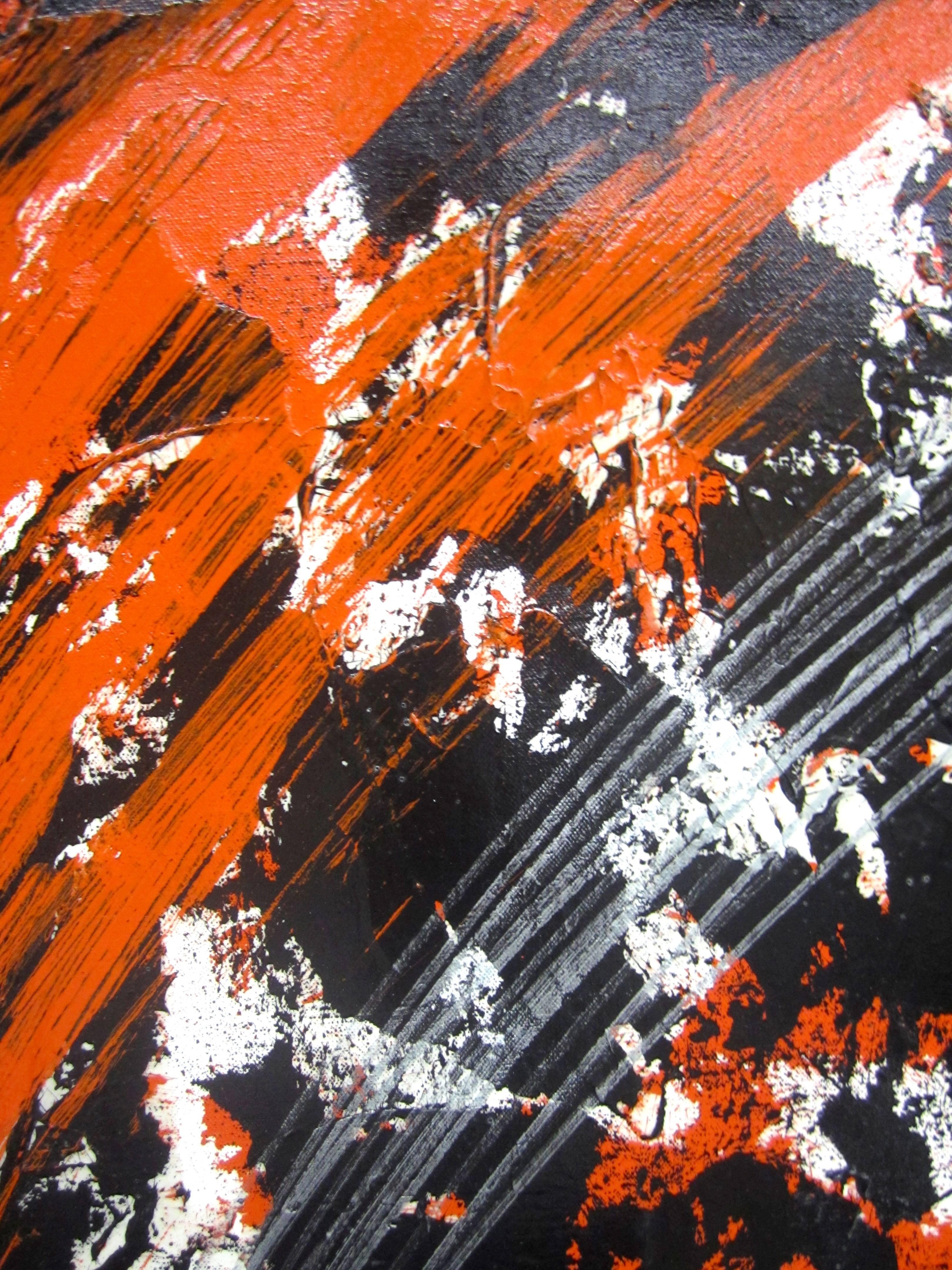 Acrylgemälde eines stilisierten Mandalas in Rot des Künstlers Gerald Campbell aus den späten 1980er bis frühen 1990er Jahren. Campbell, ein gefeierter kalifornischer Künstler, war bekannt für seine großformatigen abstrakten Bilder, die den