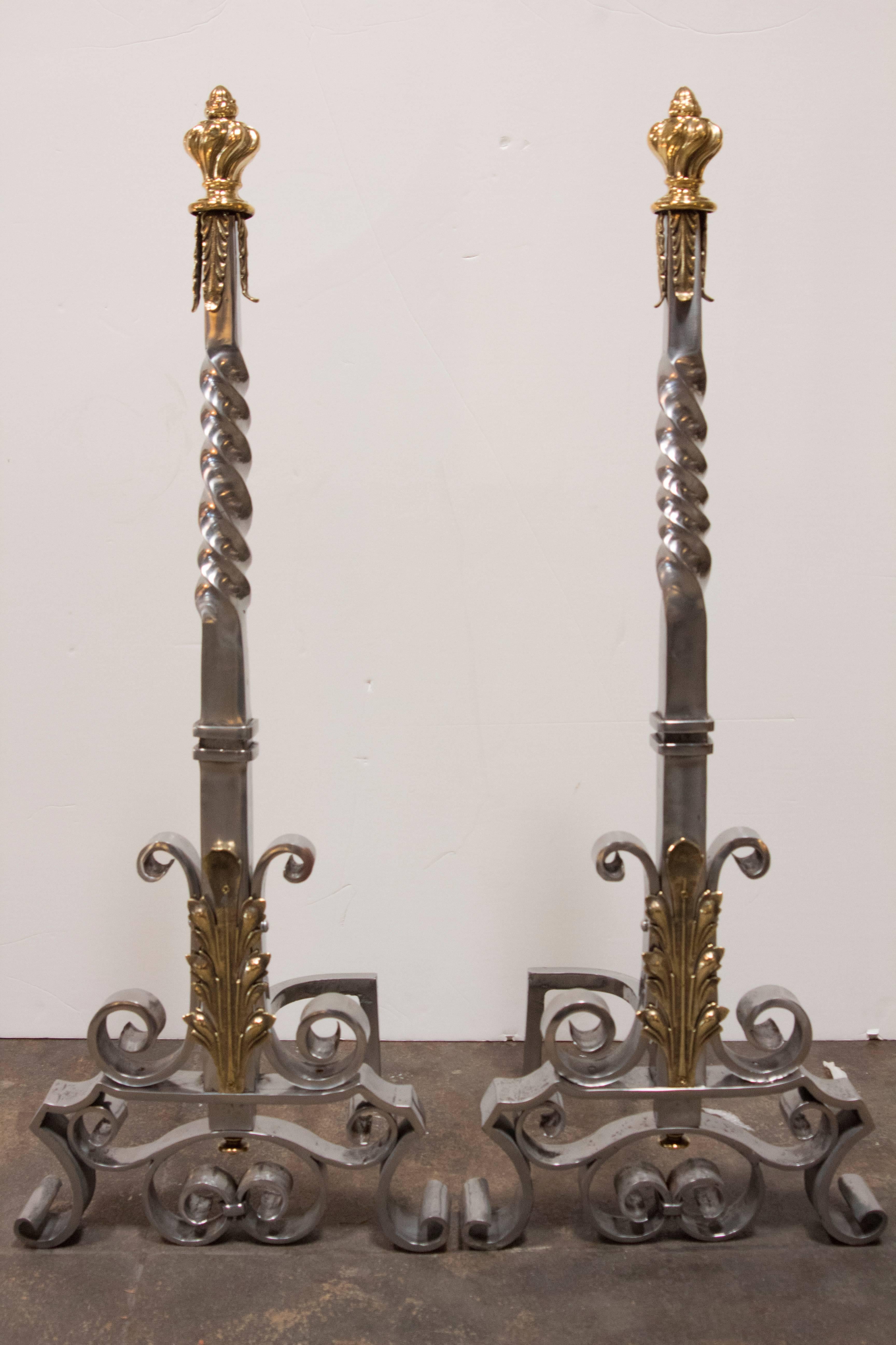 Brass Spectacular Pair of Andirons Attributed to Gilbert Poillerat