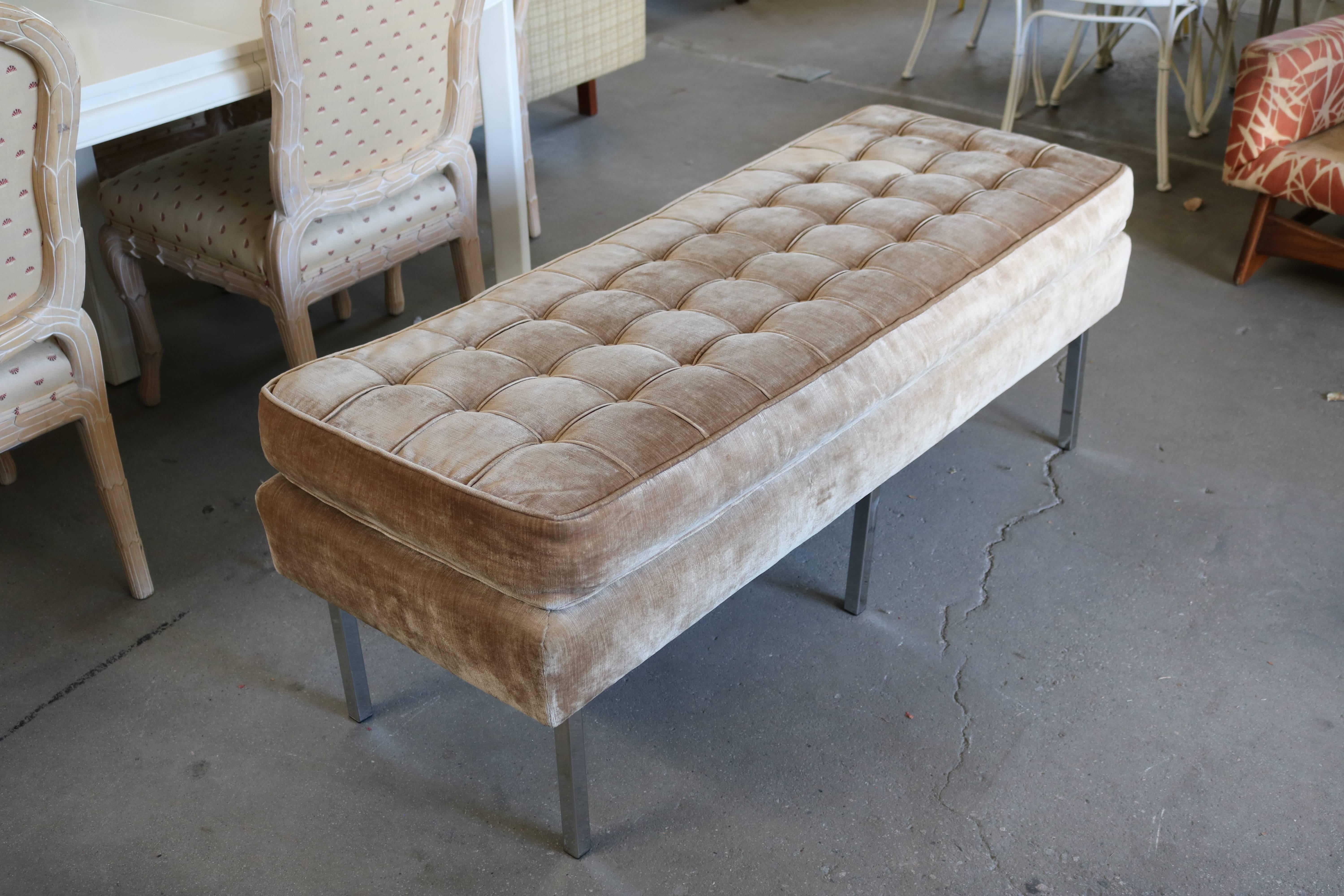 Mid-Century Modern Tufted Velvet Bench Seating with Chrome Legs Attributed to Milo Baughman