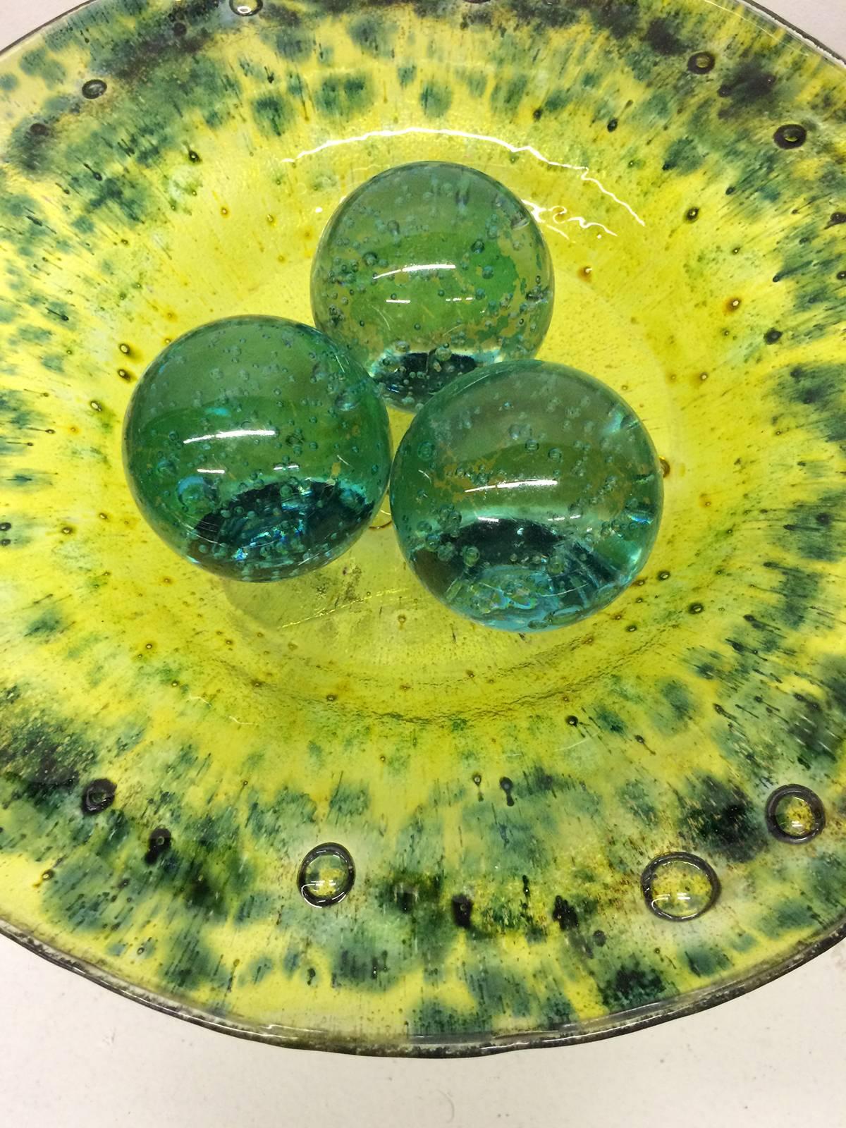 Modern Green Murano Glass Decorative Bowl with Balls on Stand