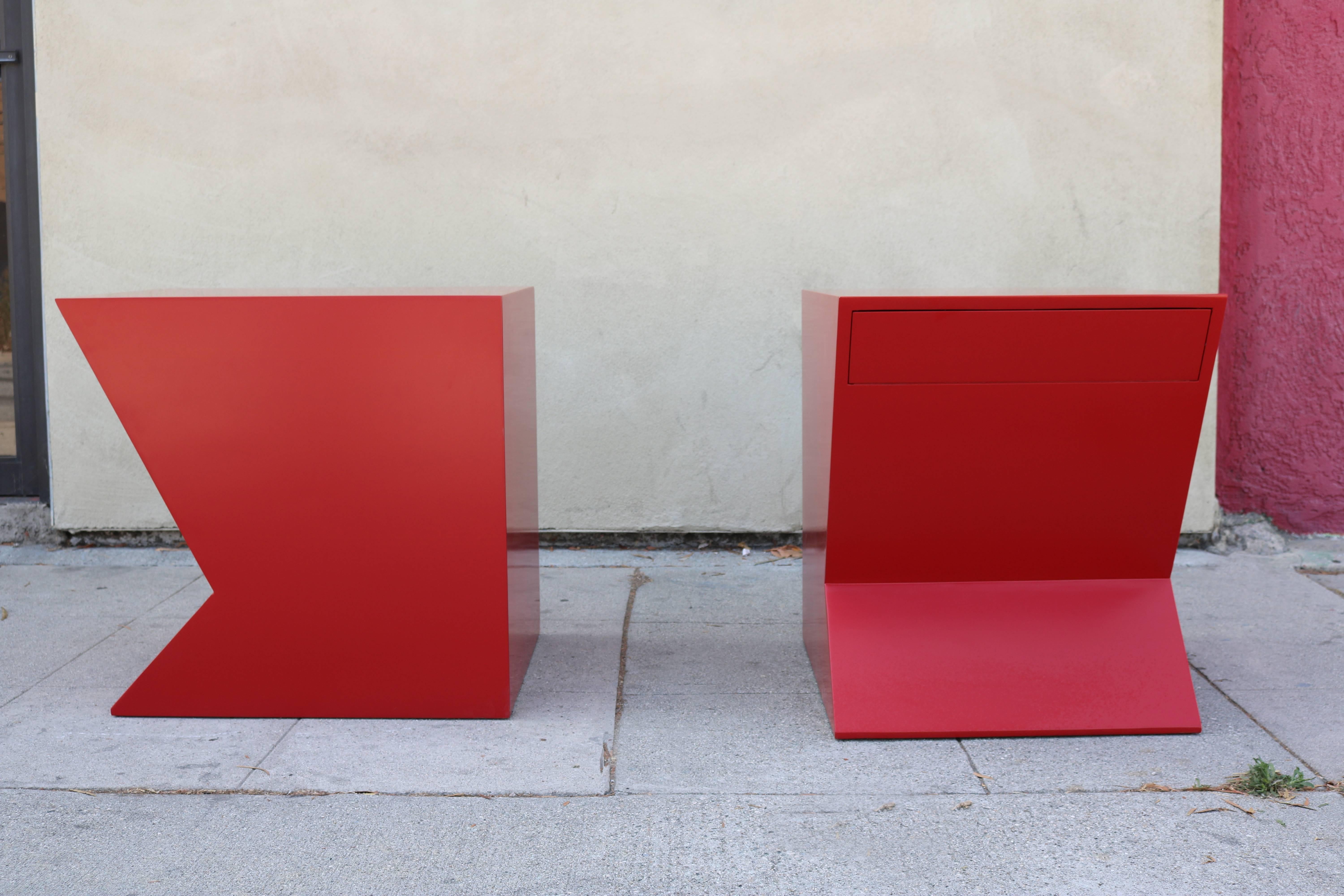 Architectural Cherry Red Lacquer Geometric Shaped Nightstands, Pair 2