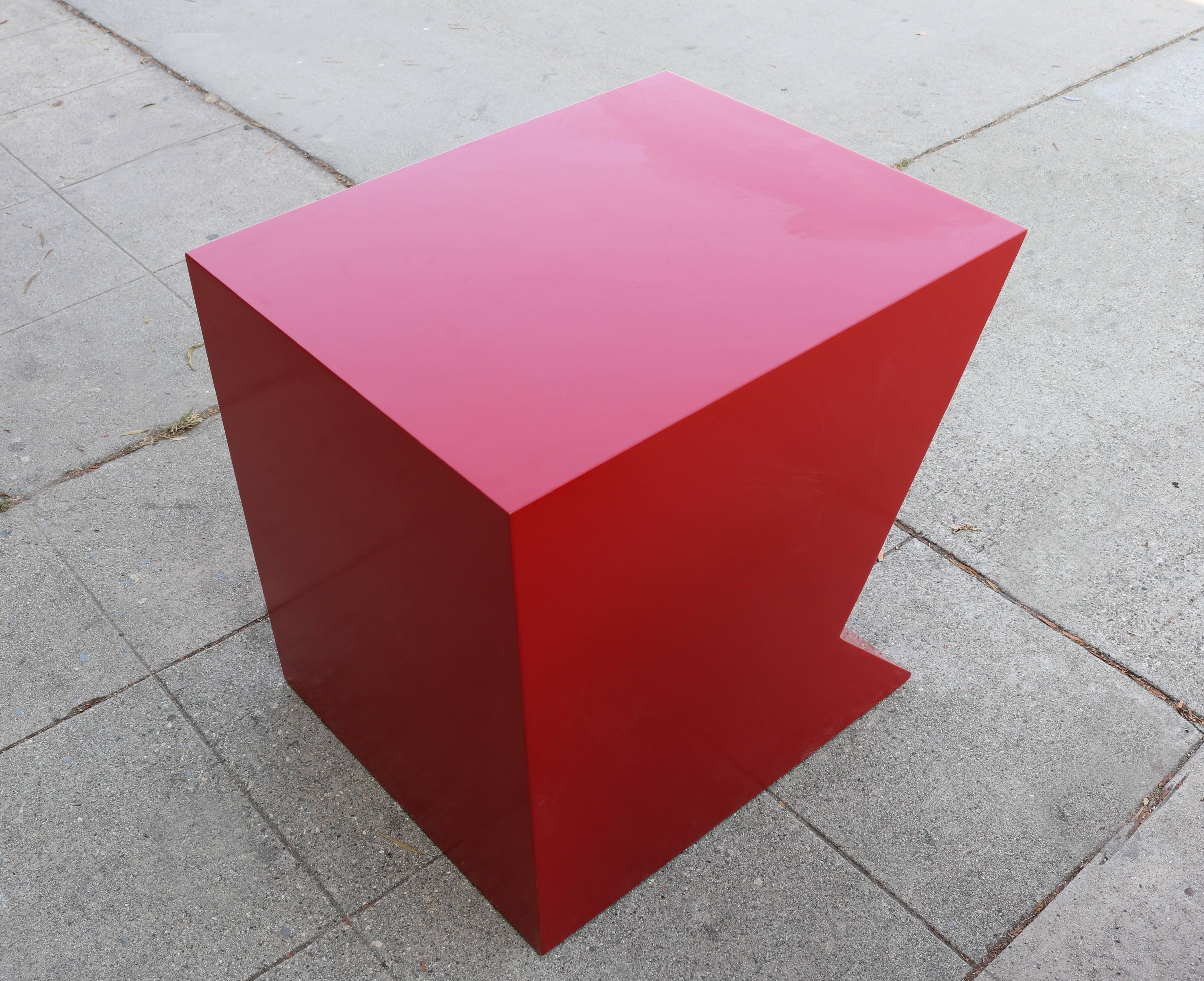 Late 20th Century Architectural Cherry Red Lacquer Geometric Shaped Nightstands, Pair