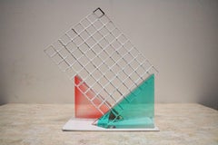 Unusual 1980s Lucite Block and Metal Grid Sculpture