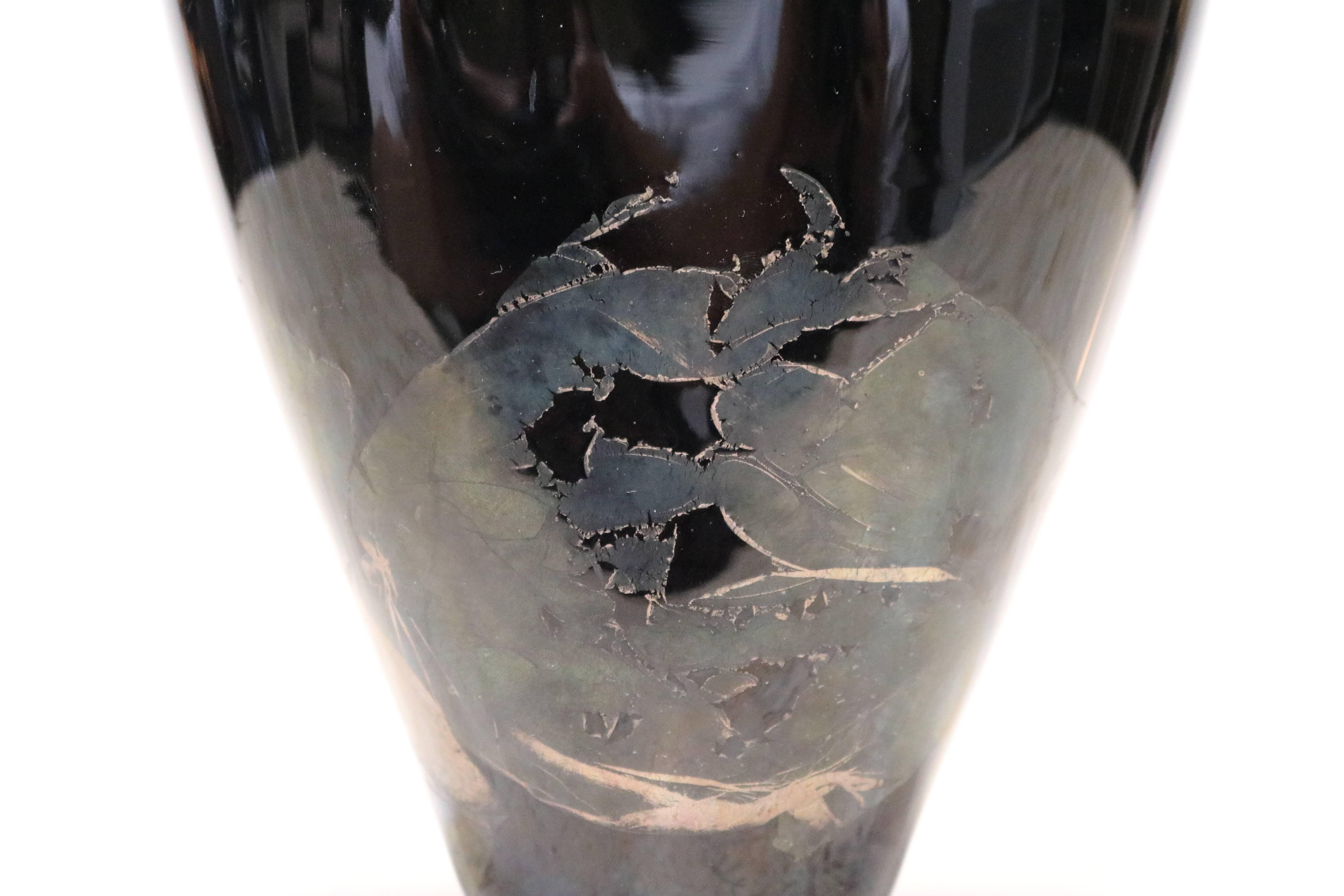 Organic Black Glass Vase with Iridescent Overlay For Sale 1