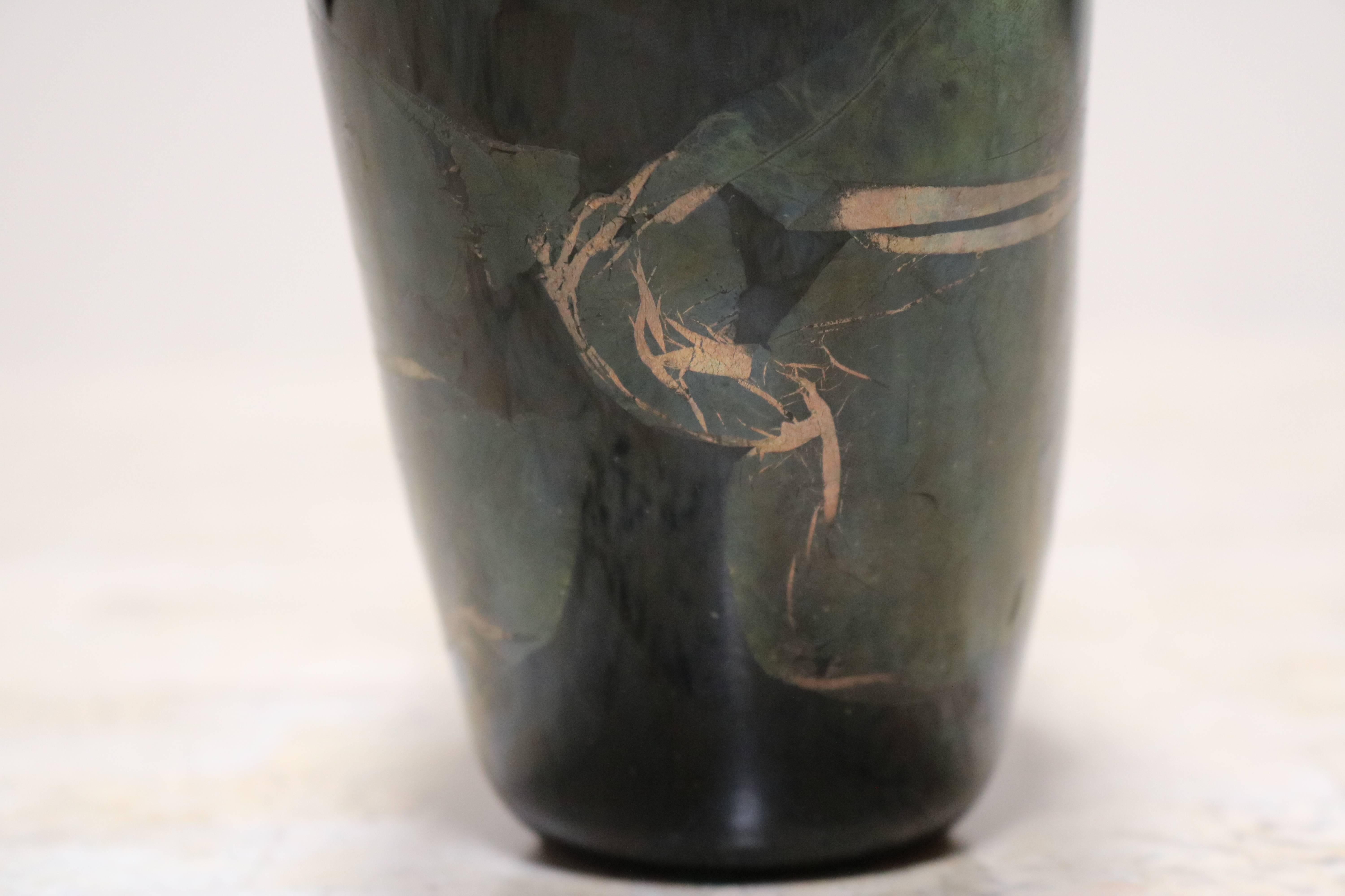 Late 20th Century Organic Black Glass Vase with Iridescent Overlay For Sale
