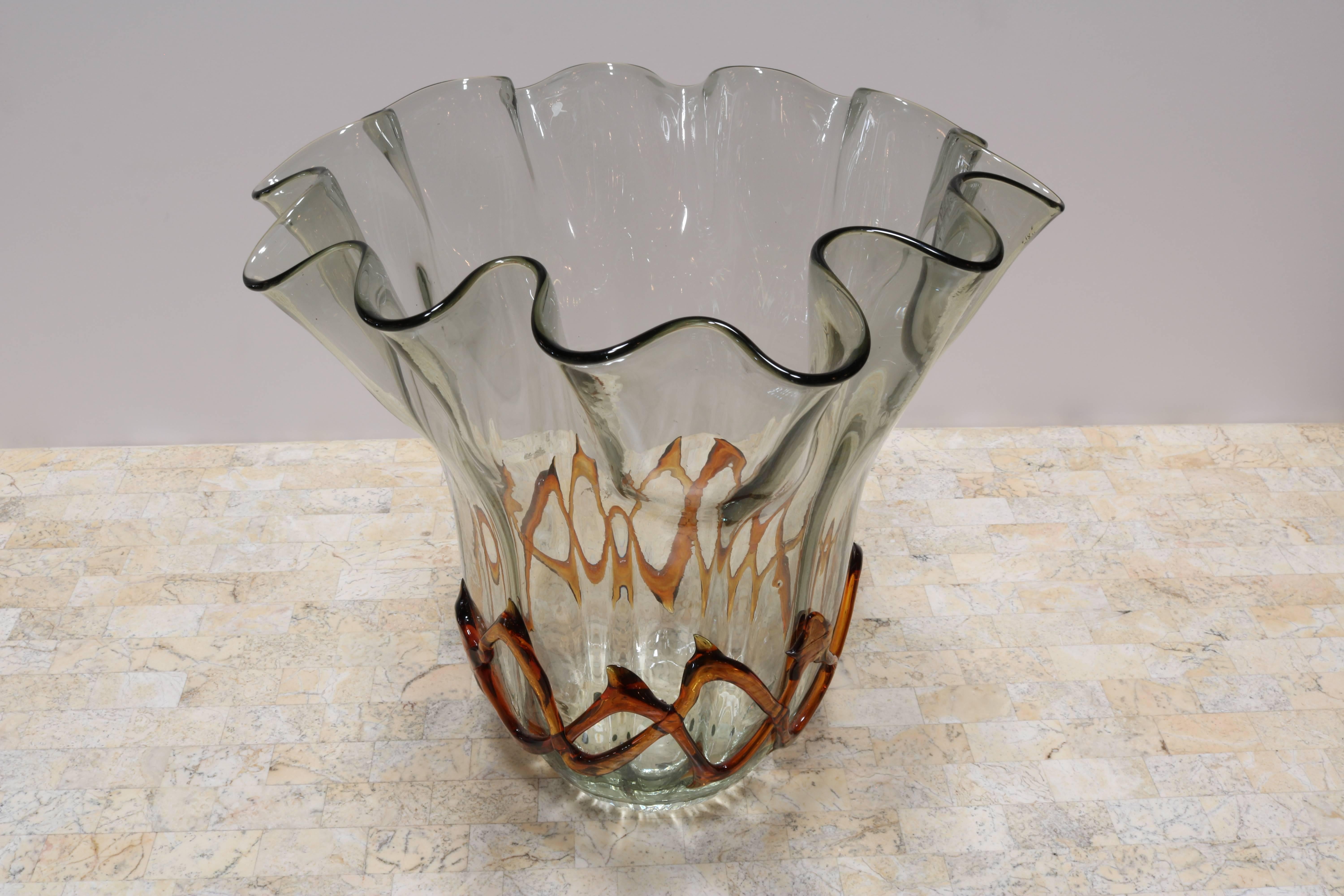 Mid-Century Modern Fluted Handkerchief Vase with Amber Ribbon