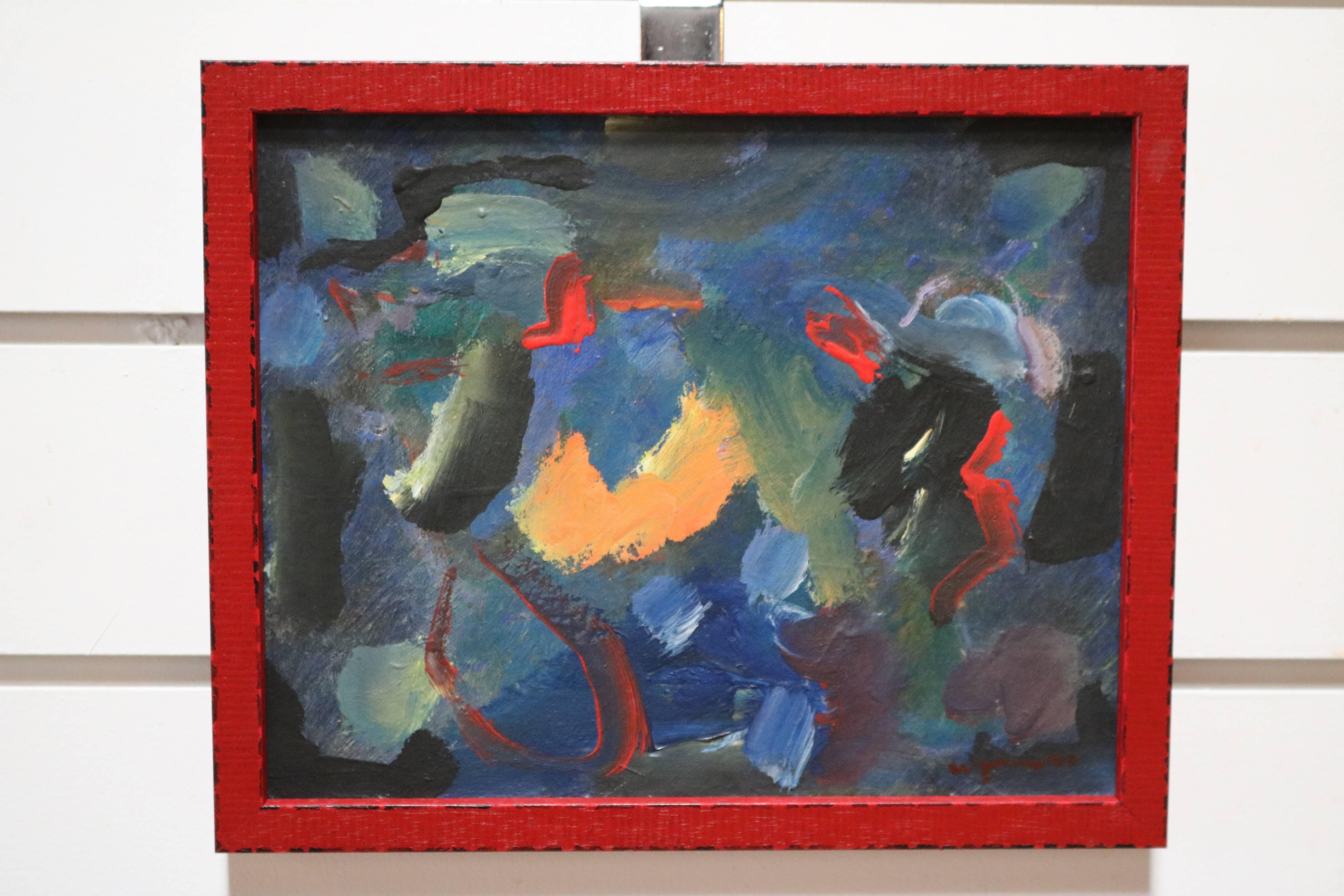 This little abstract painting has a wonderful contrast of lights and darks, abstract, yet never totally non-objective. Signed in right corner by artist Wesley Johnson.
