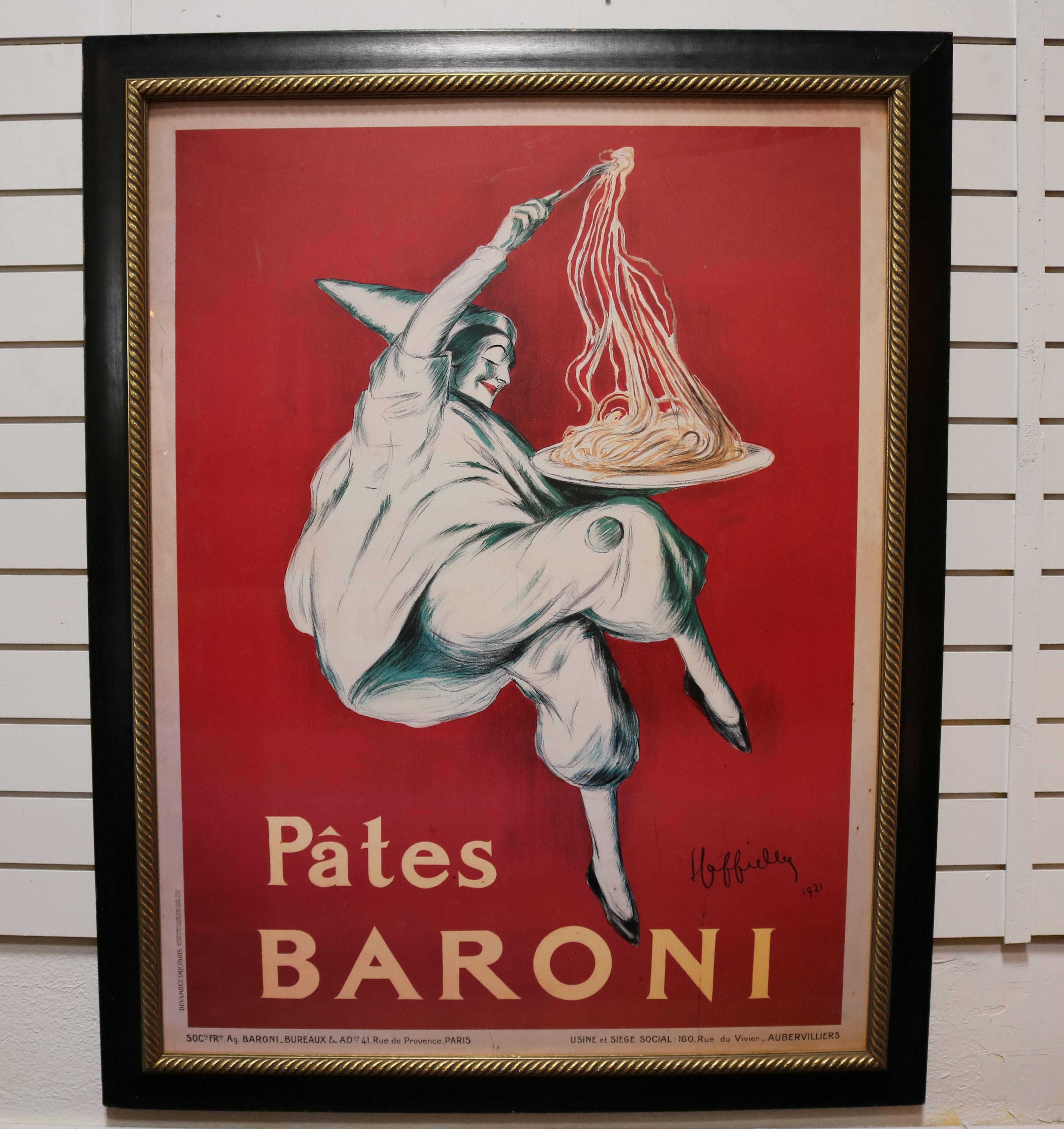 Large-scale poster, reproduction  of a Pastes Baroni/ Baroni Pasta ad by Italian/French artist Leonetto Cappiello. 

Though he had no formal training, Leonetto Cappiello's illustrations have become world famous as he produced over 530 advertising