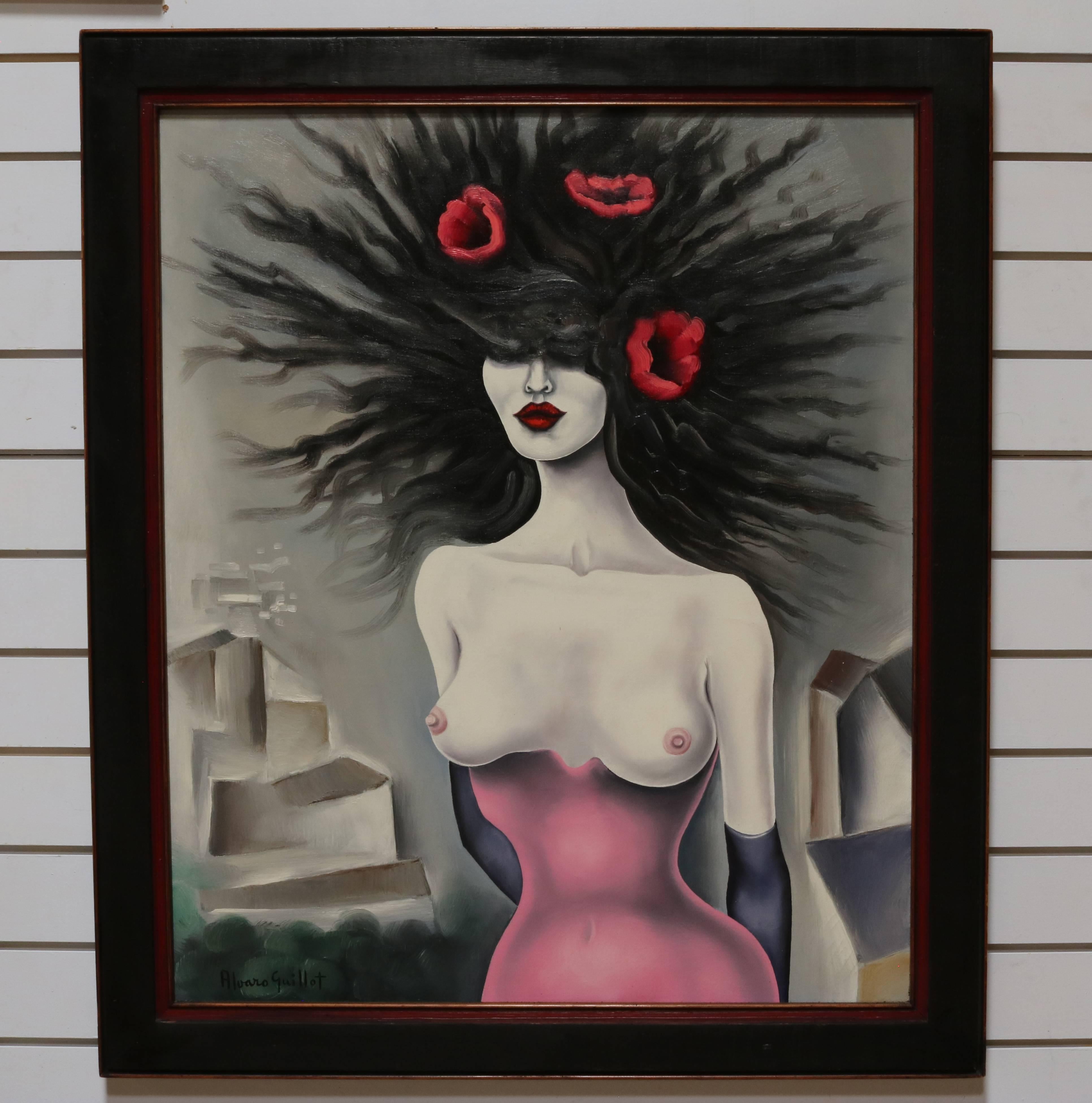 Oil painting on canvas title "At The Hollywood Party" and signed by Alvaro Guillot. A surrealistic, provocative mostly monochrome depiction, the painting features one of Guillot's signatures, the poppy.

Alvaro Guillot (1931–2010) was a