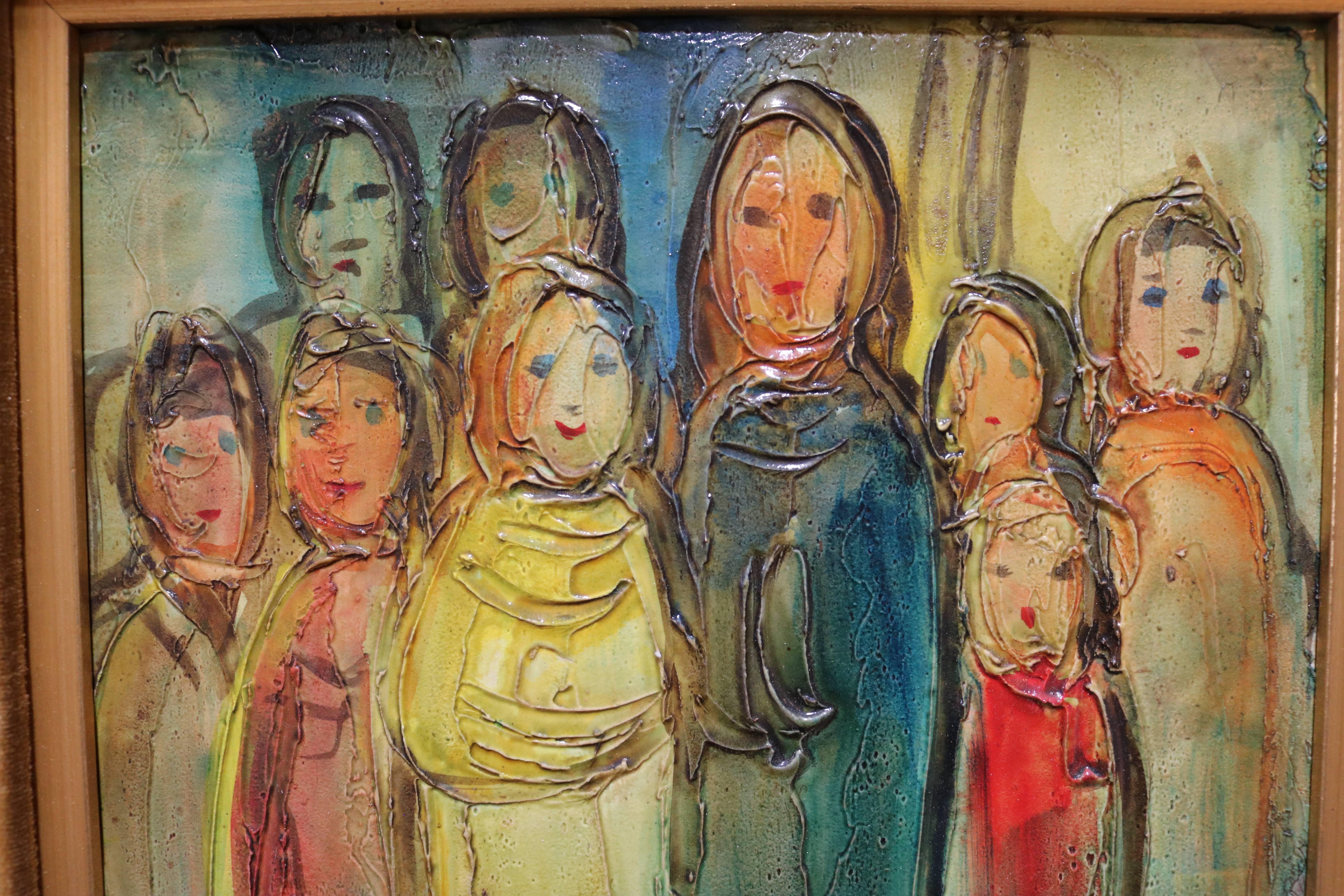 This colorful oil painting on board by Viola M. Allen depicts a group of standing women and girls. 

Viola M. Allen was born on Long Island, New York and studied at the Pratt Institute. She had a commercial art studio in Malibu for many years and