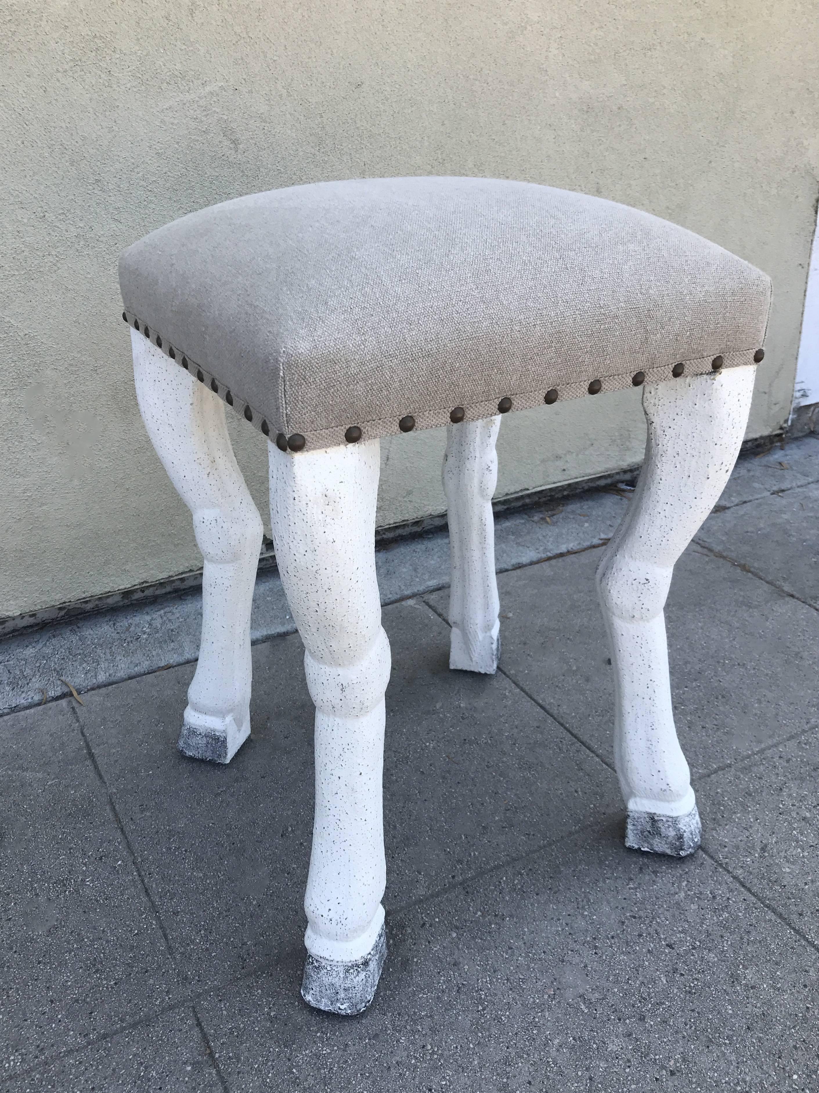 Mid-Century Modern Beige Upholstered Stool with Zoomorphic Legs after John Dickinson