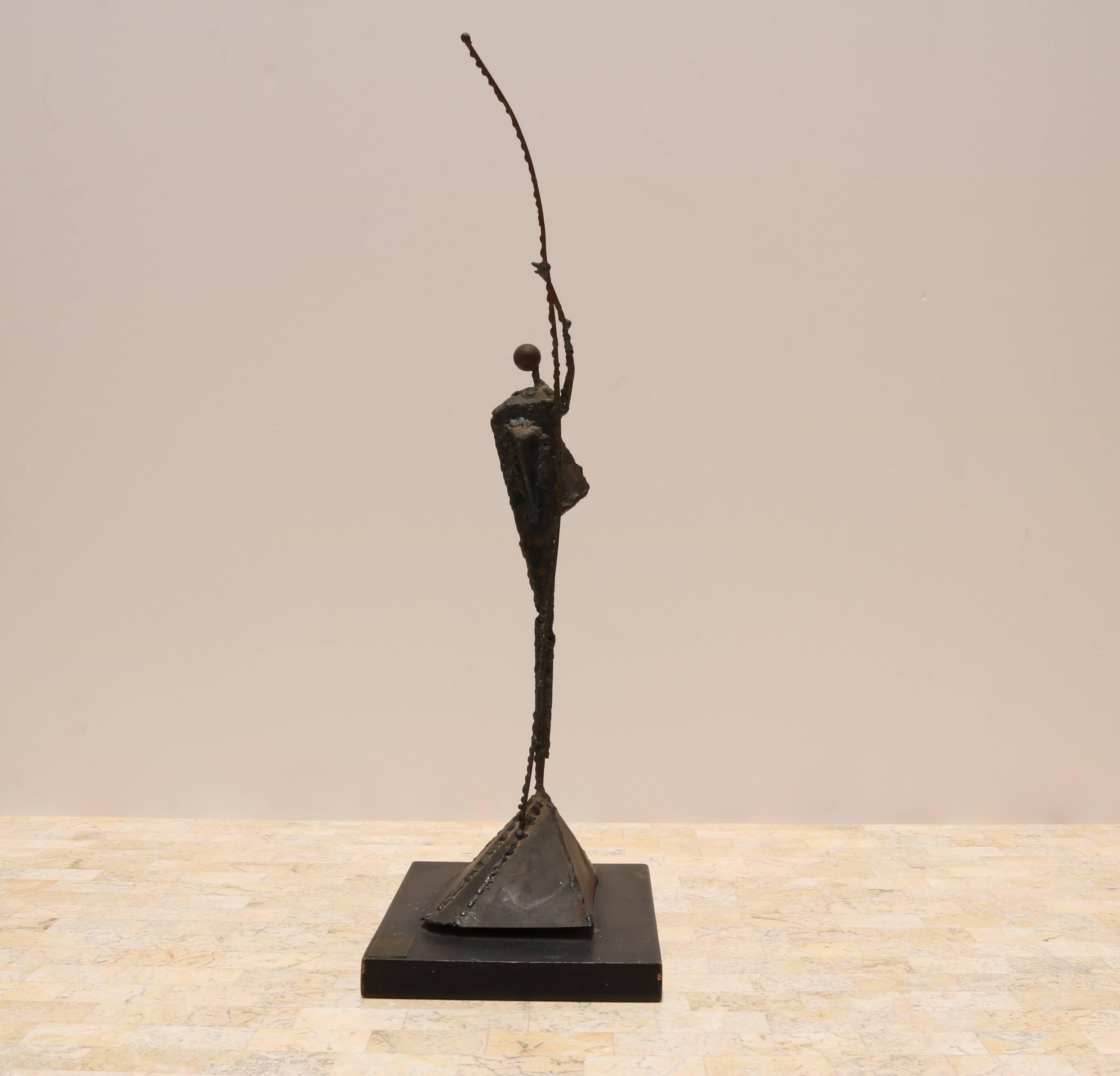 Mid-Century Modern Brutalist Metal Sculpture of Figure Holding Spear