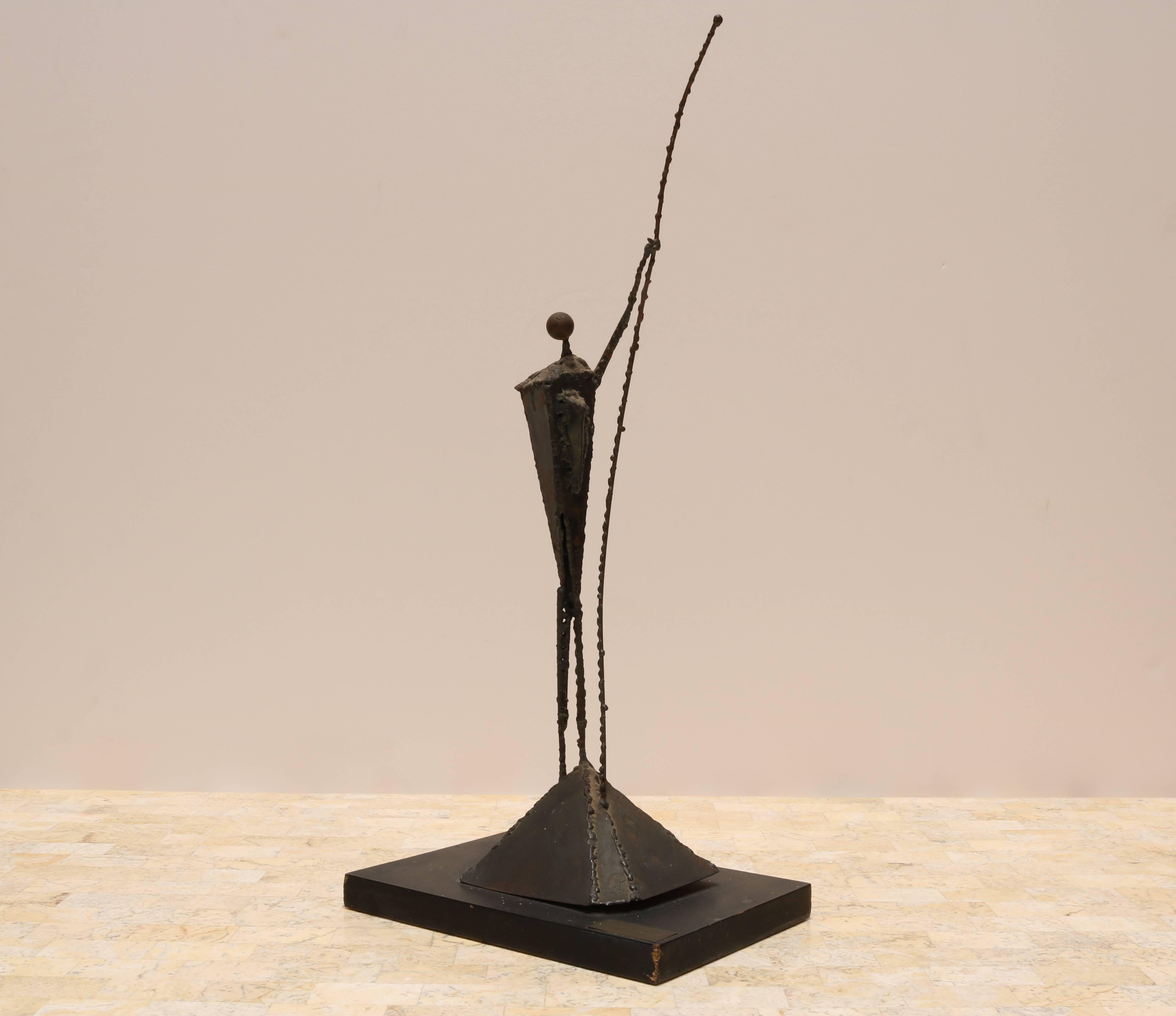 American Brutalist Metal Sculpture of Figure Holding Spear