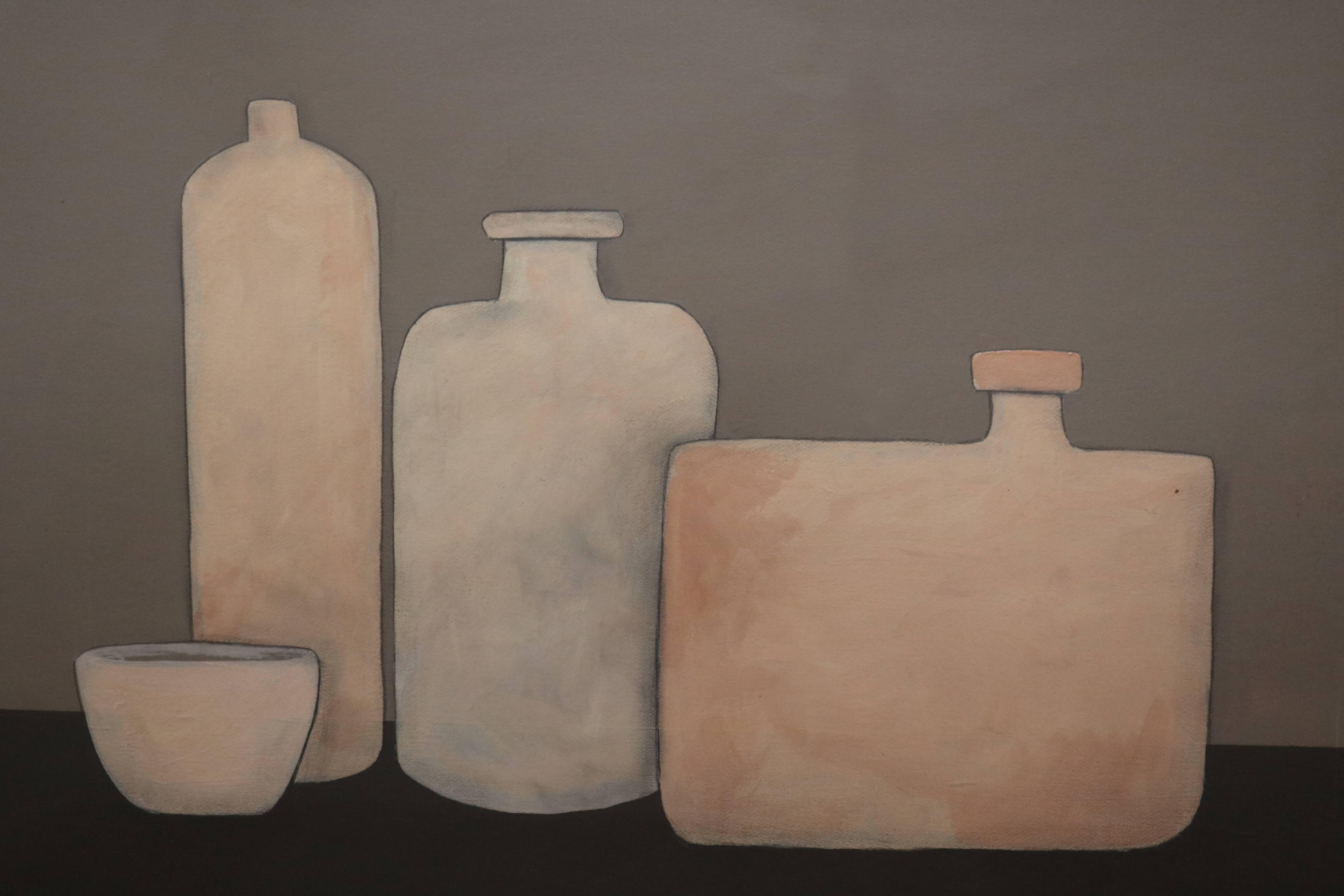 Mixed-media painting of three vases and a small bowl or cup by Monterrey Bay based artist Jerry Williamson. Signed by the artist. Contact us for additional pieces.
