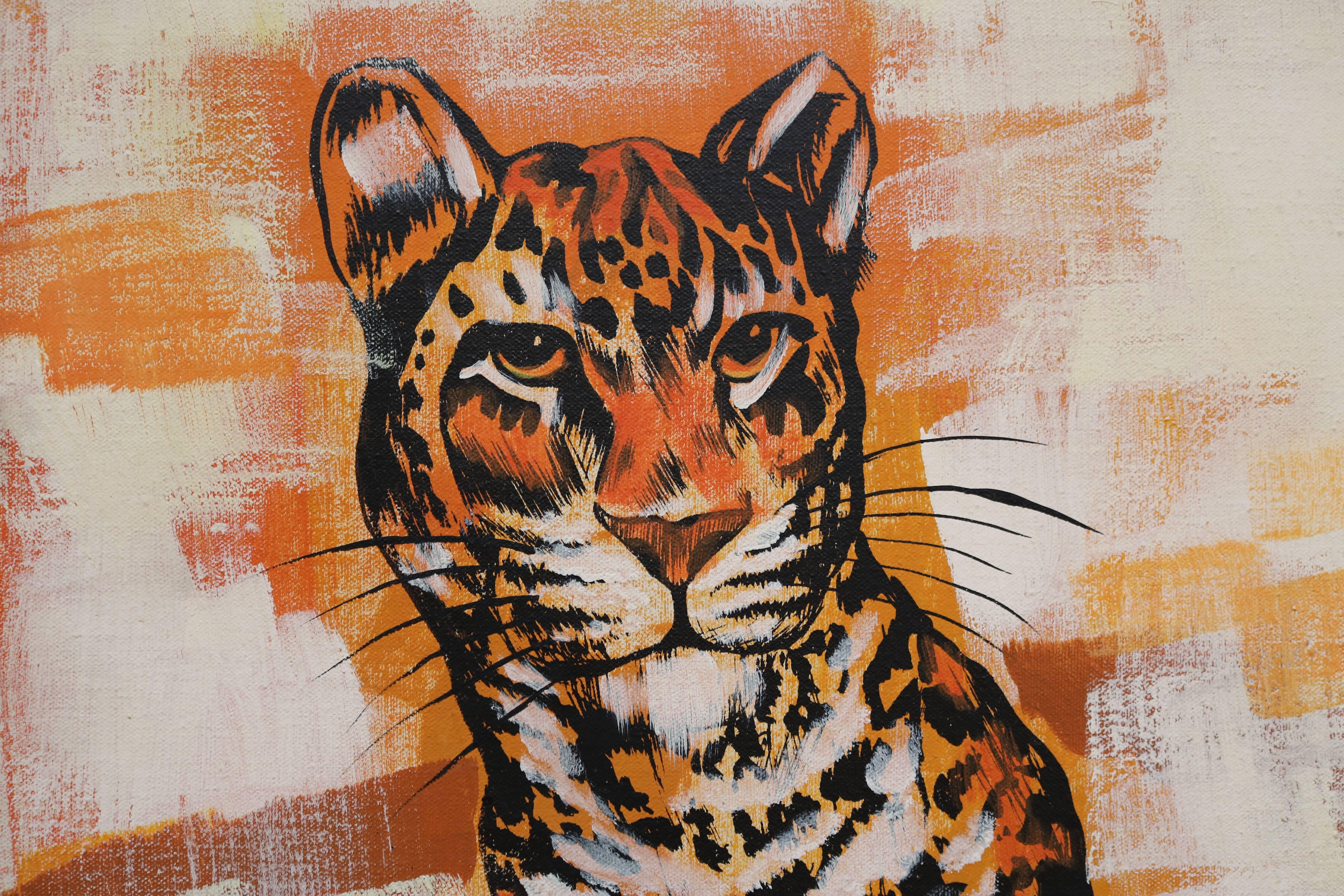 Mid-Century Modern Very Realist Oil on Canvas of Two Panthers by J. Wallker