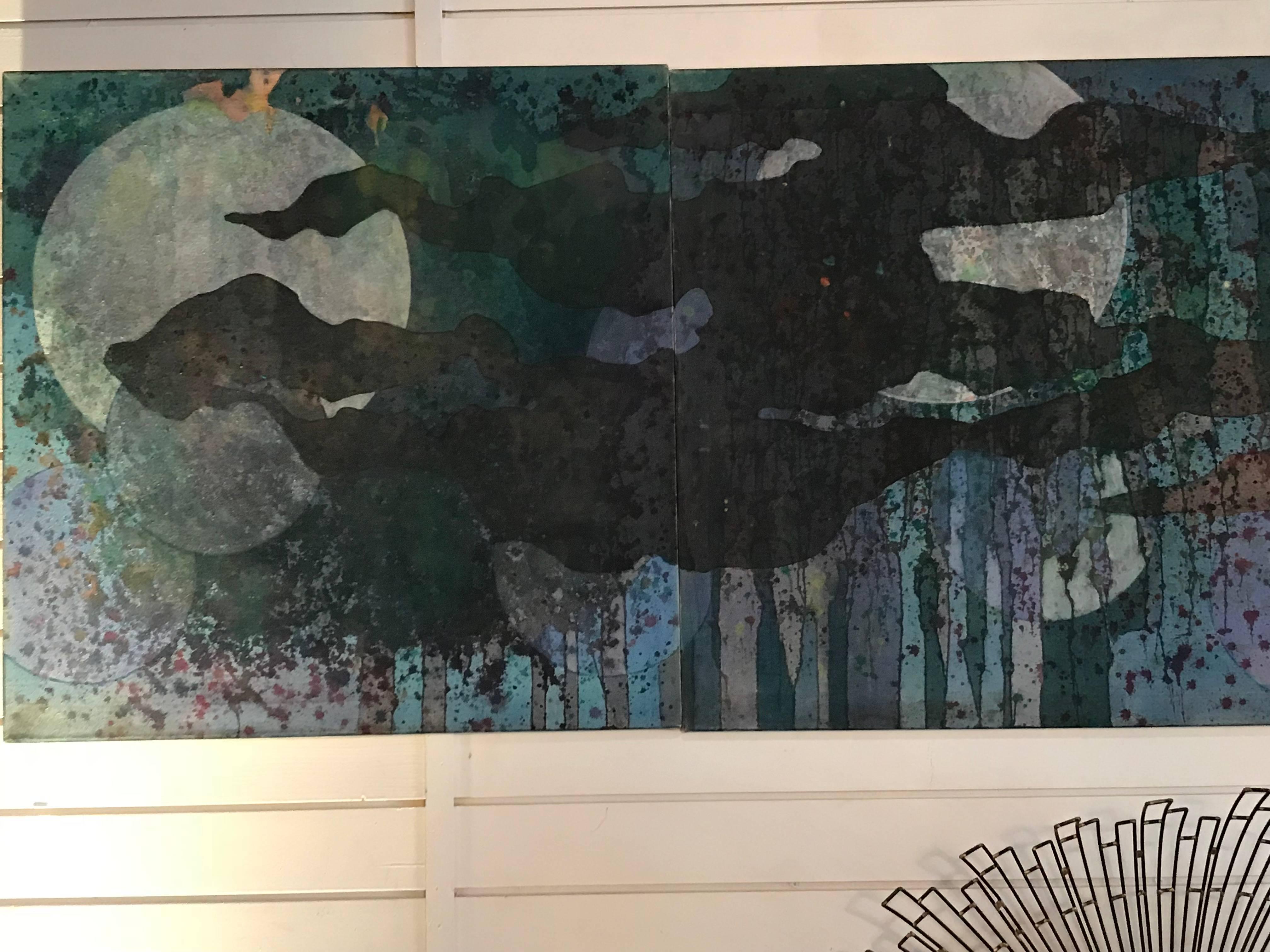 Abstract Midcentury Tryptique on Canvas In Excellent Condition In Pasadena, CA