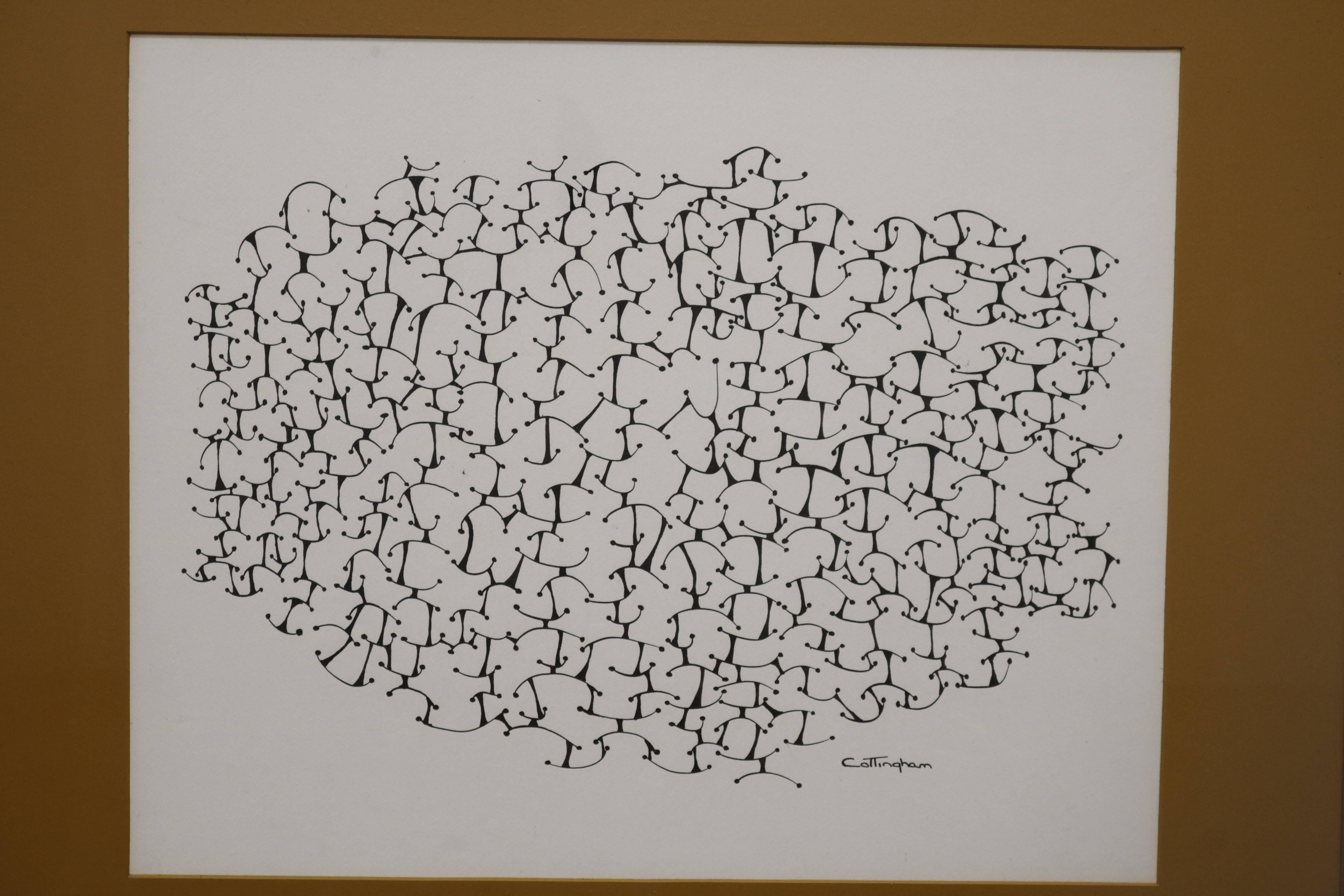 Framed lithograph depicts hundreds of figures in different compositions, each one connected to at least one other, forming a sort of stylized web. Signed "Cottingham" (printed in the image).