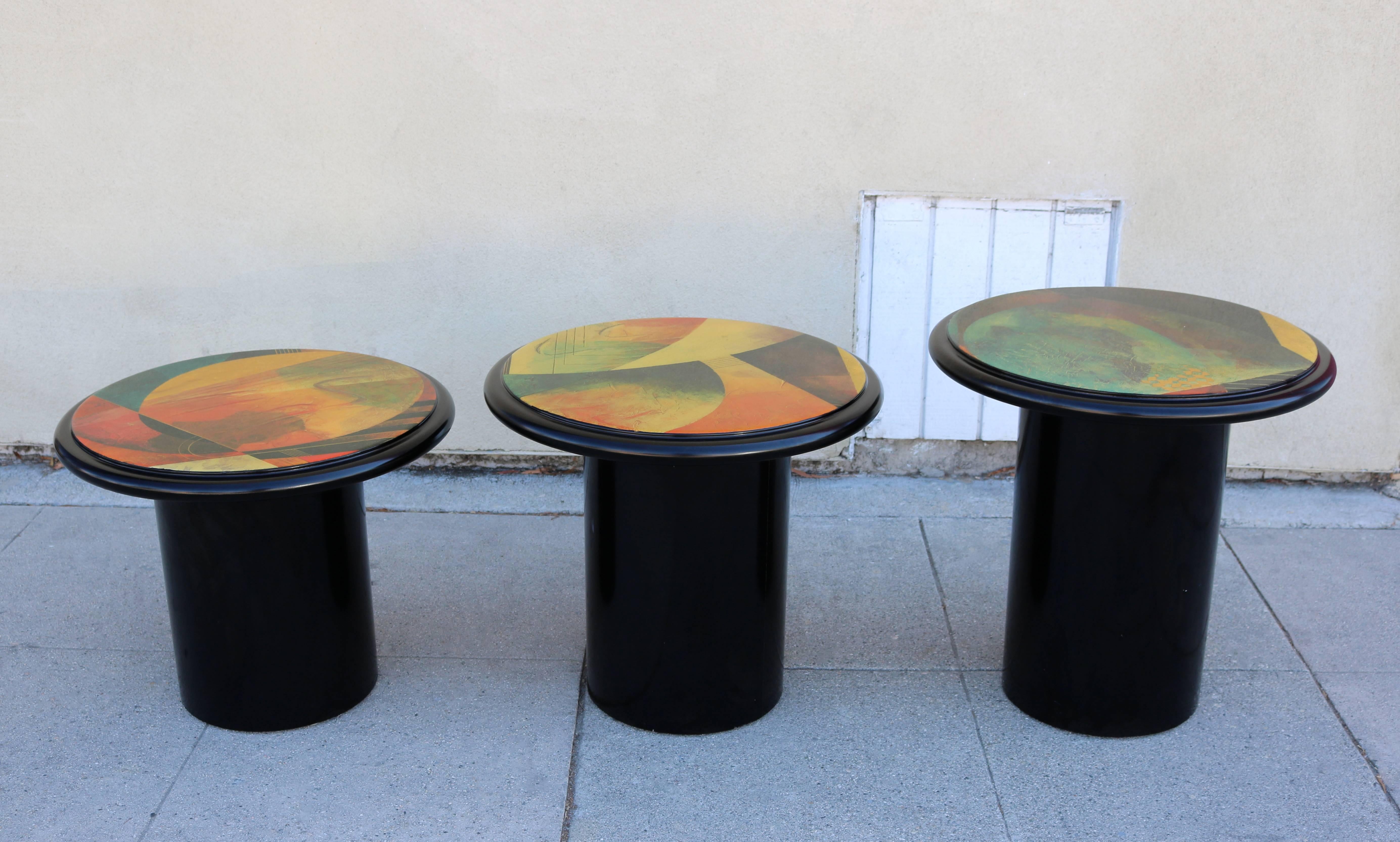 Lacquered Set of Three Multicolored Postmodern Gueridon