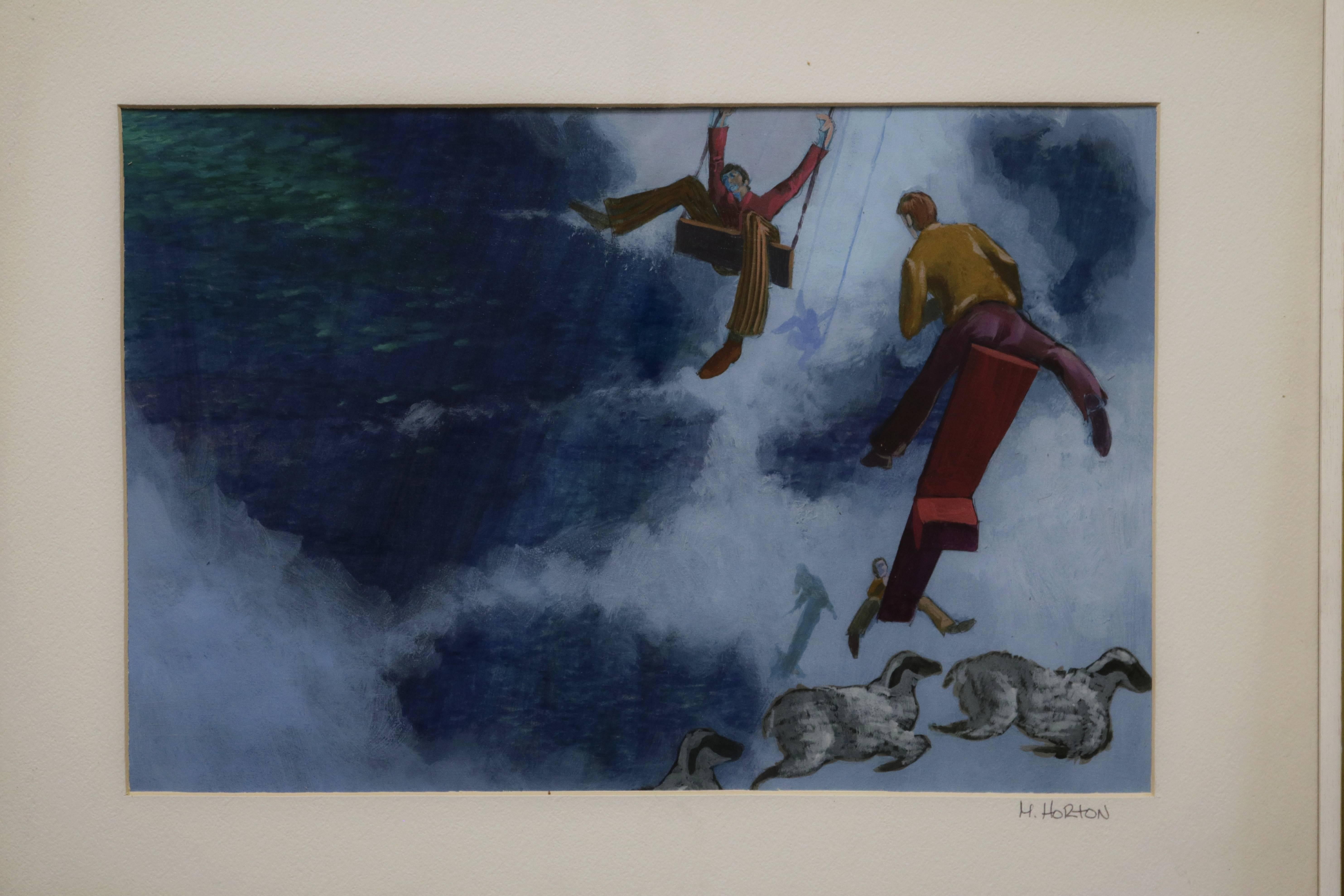 This framed gouache painting features a surrealist scene of people on a children's set of swings and see-saw above jumping sheep’s. In the background are clouds and the ocean seen from above. Signed M. Horton.