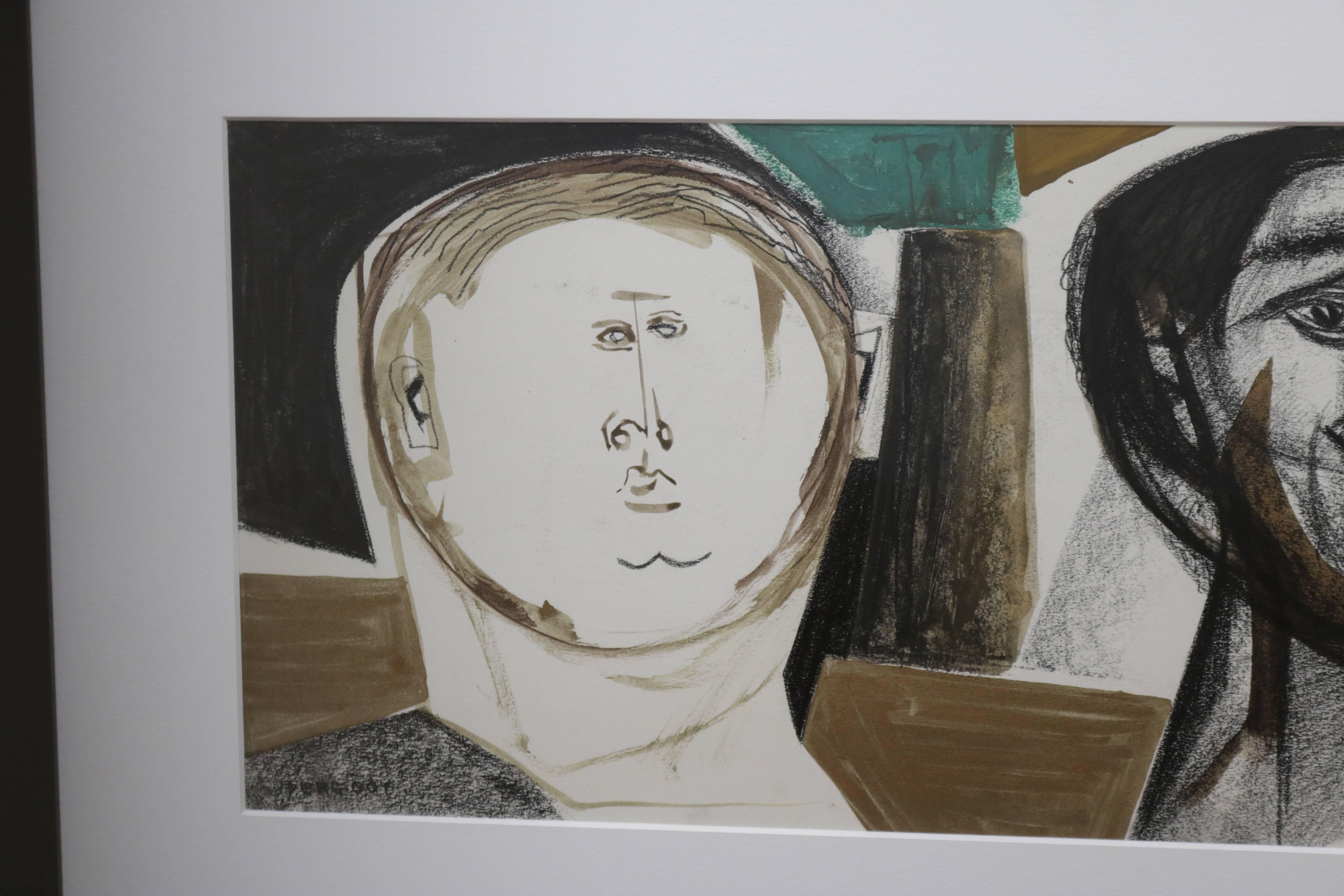 Mid-Century Modern Mixed-Media Portrait of Two Men by Walter Peregoy