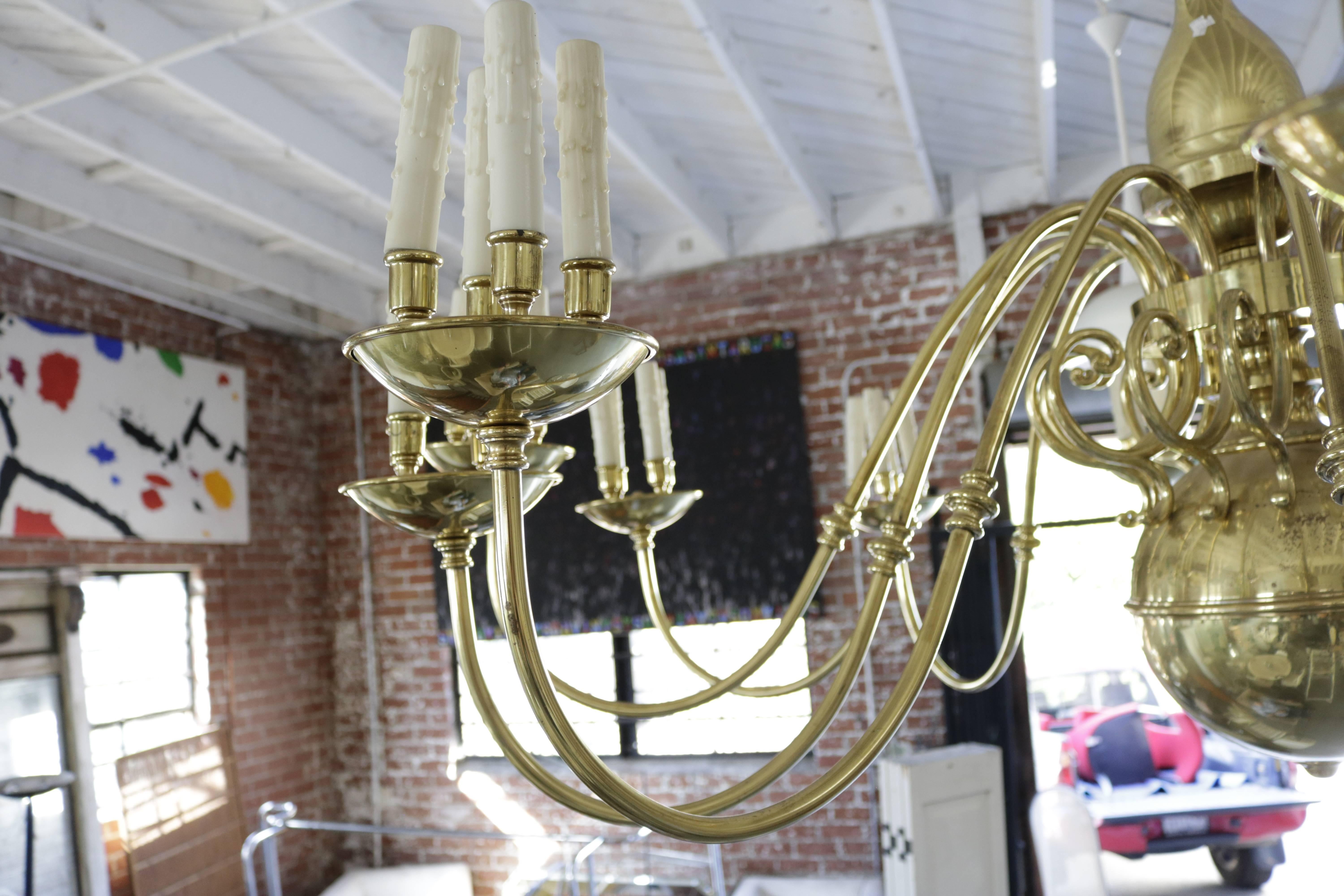 Dutch Colonial Spectacular Brass Candelabra Style 12-Arm and 48 Candles Dutch Style Chandelier