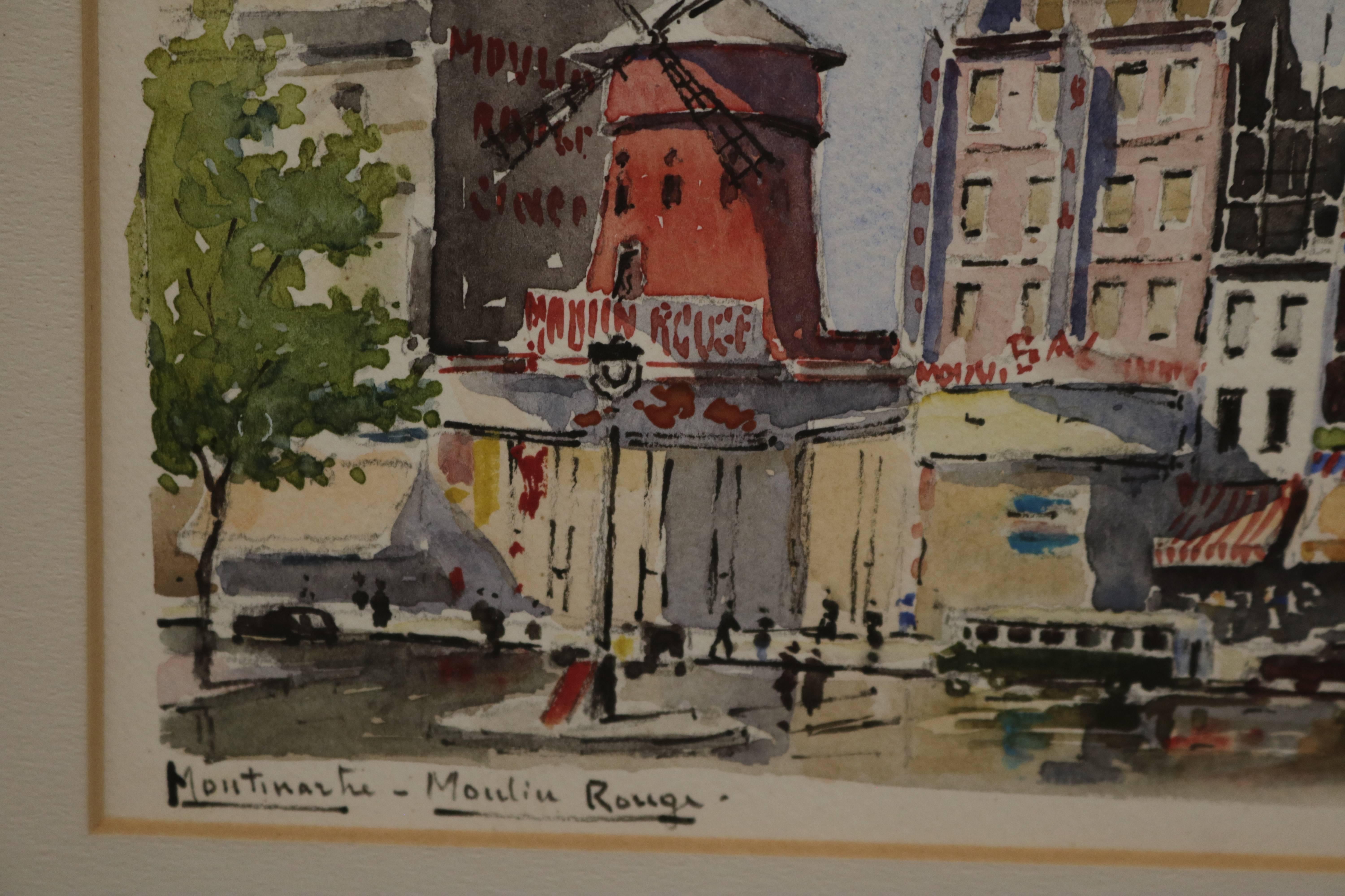 Mid-Century Modern Framed Watercolor of the Moulin Rouge by French Artist Pipo