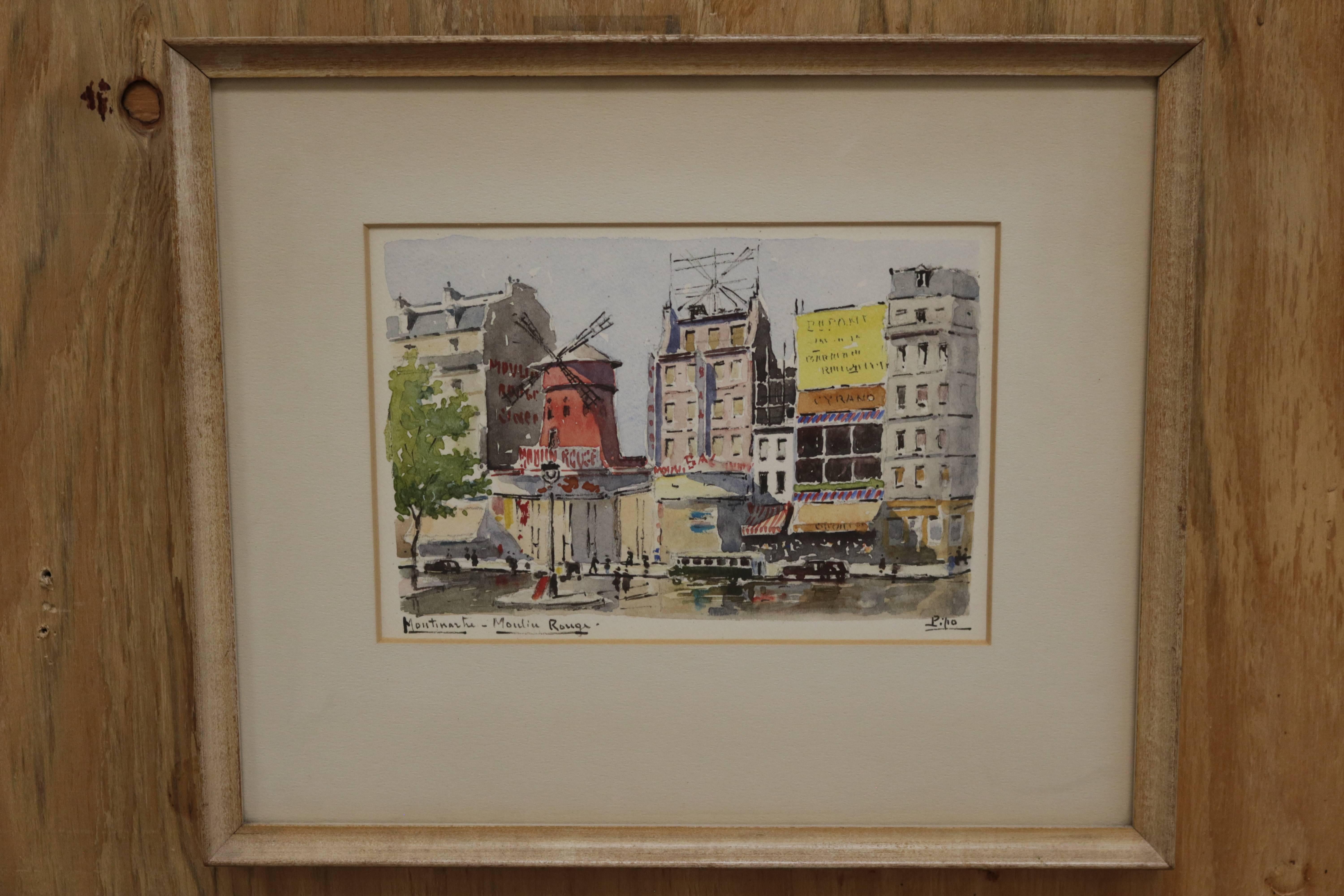 Framed watercolor painting signed Pipo. Painting depicts the Montmarte district of Paris and the famous Moulin Rouge. Sits in its original light beige lacquered wood frame.