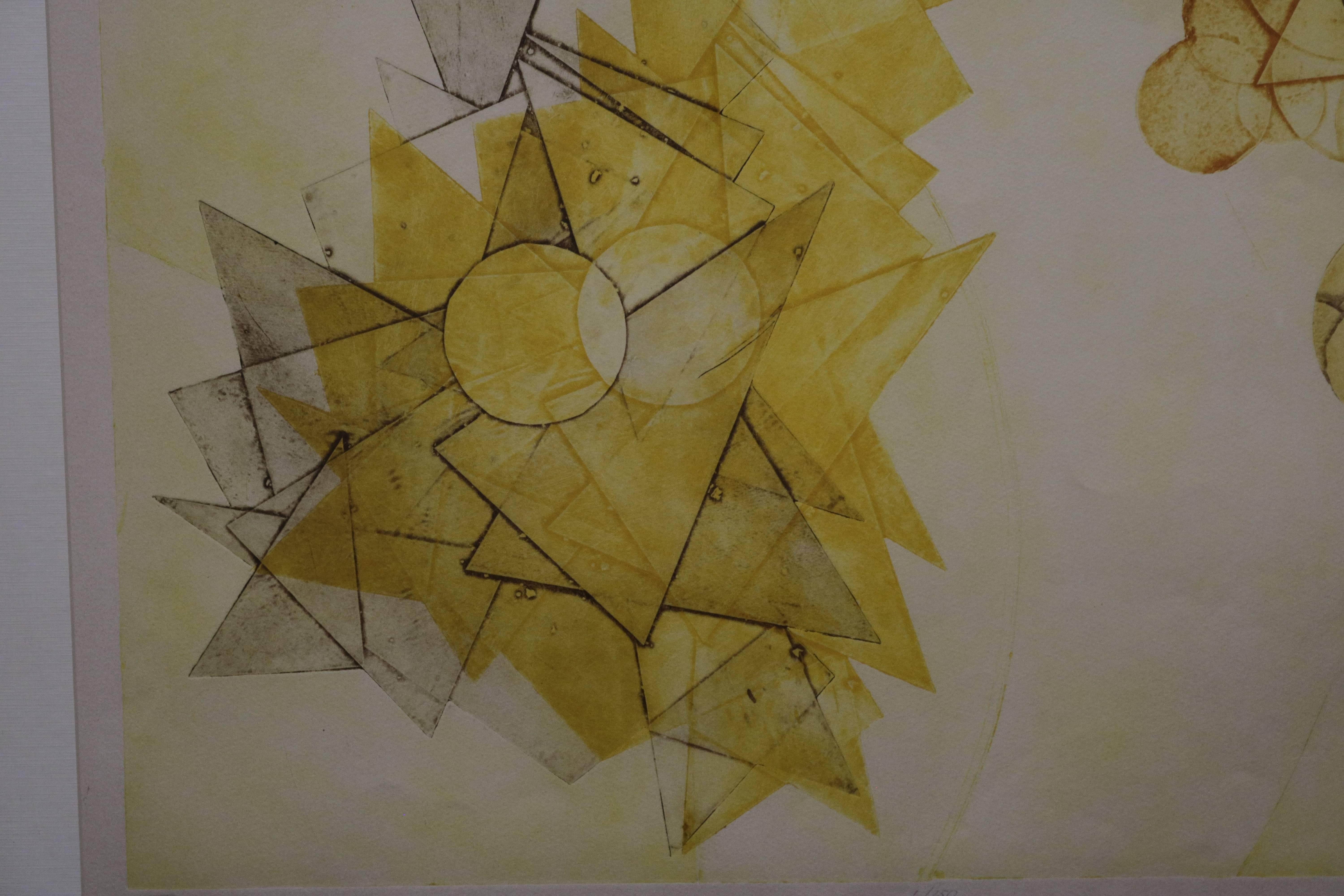 Framed lithograph of geometric forms in yellow and brown. Numbered 1/150 and signed by the artist.