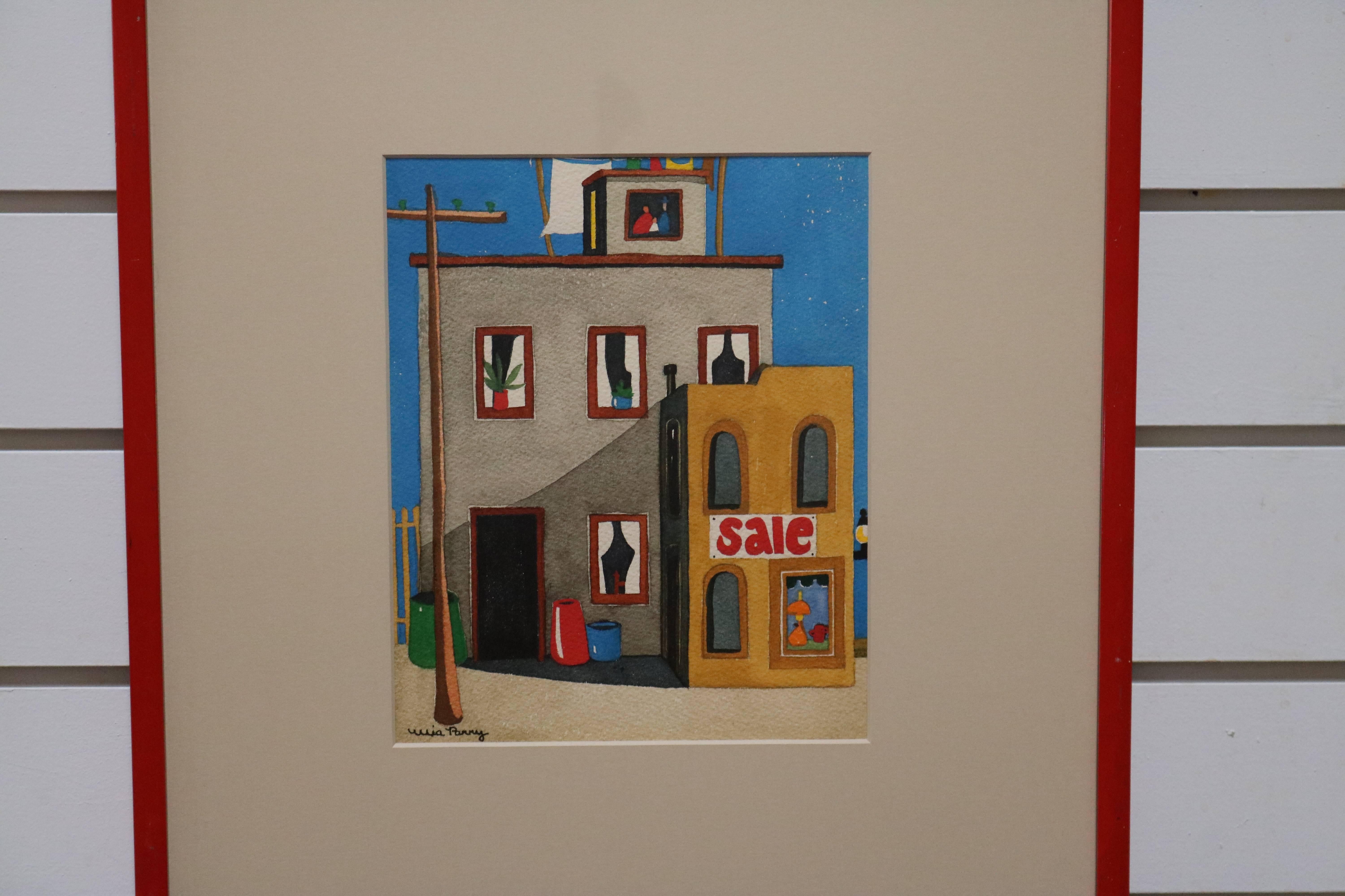 Vibrant, Pop Art style watercolor painting of a small apartment building with a boutique shop in front of it. Signed by the artist; first name is illegible but last name reads 
