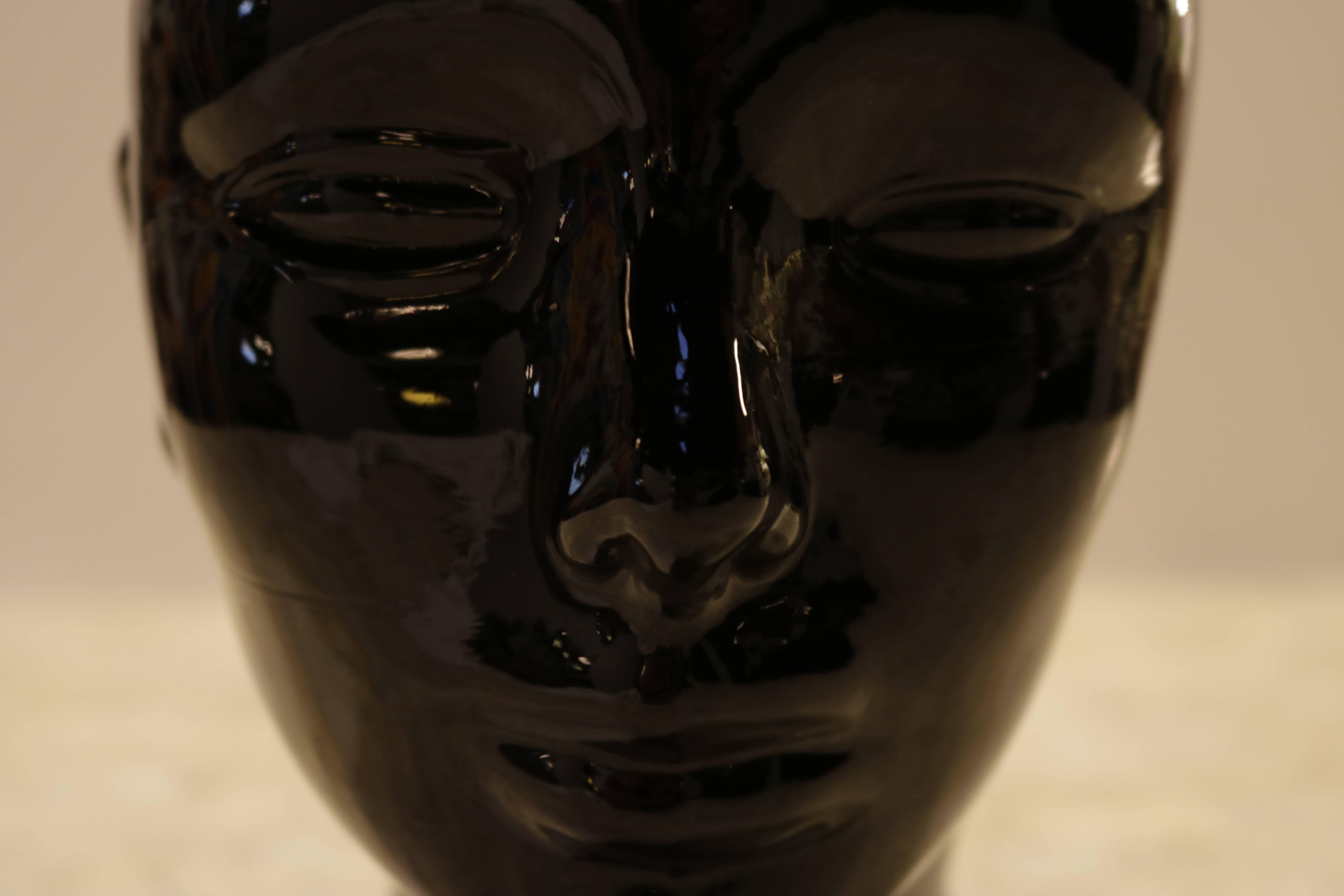 American Black Glass Sculpture of Woman's Head