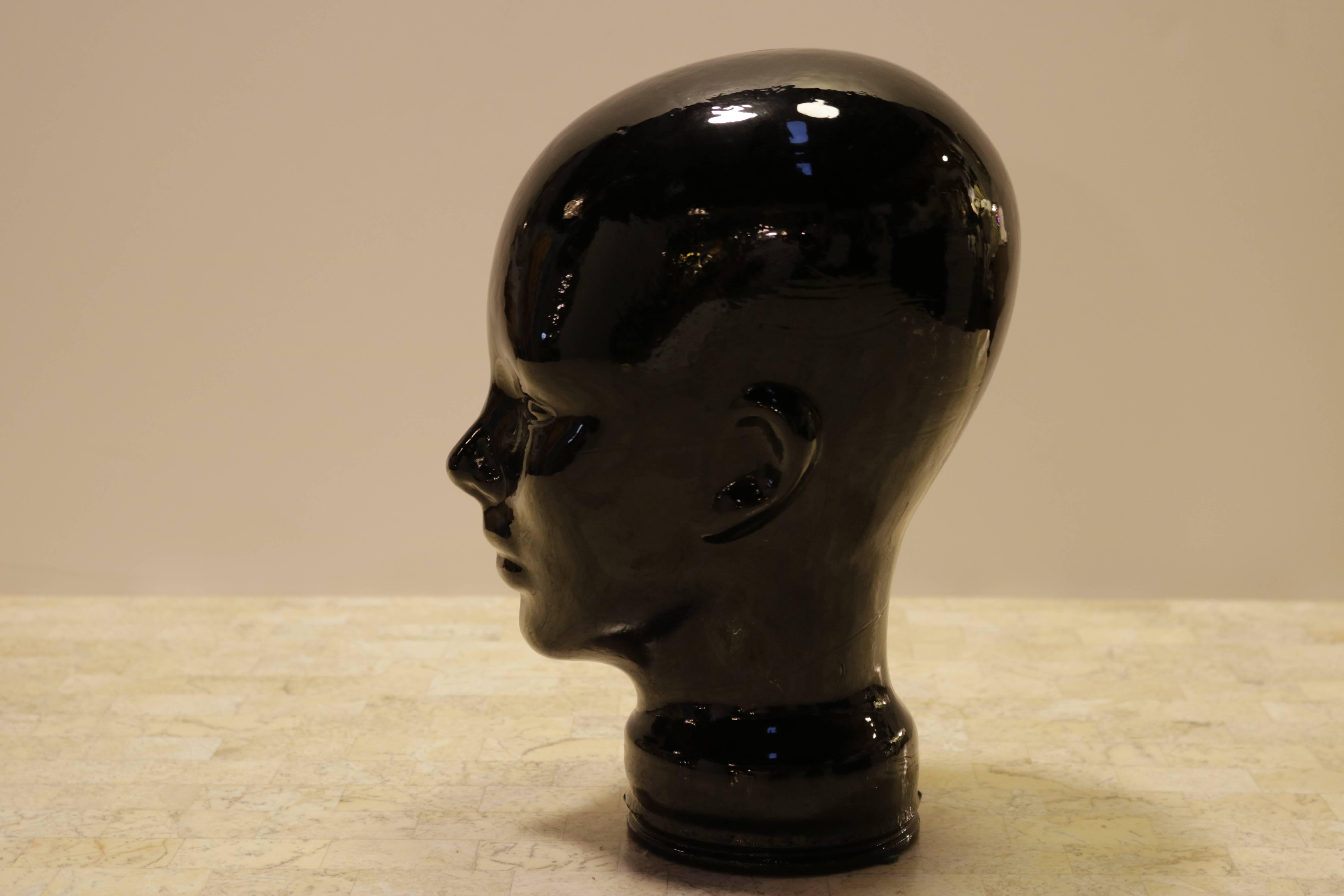 Mid-Century Modern Black Glass Sculpture of Woman's Head