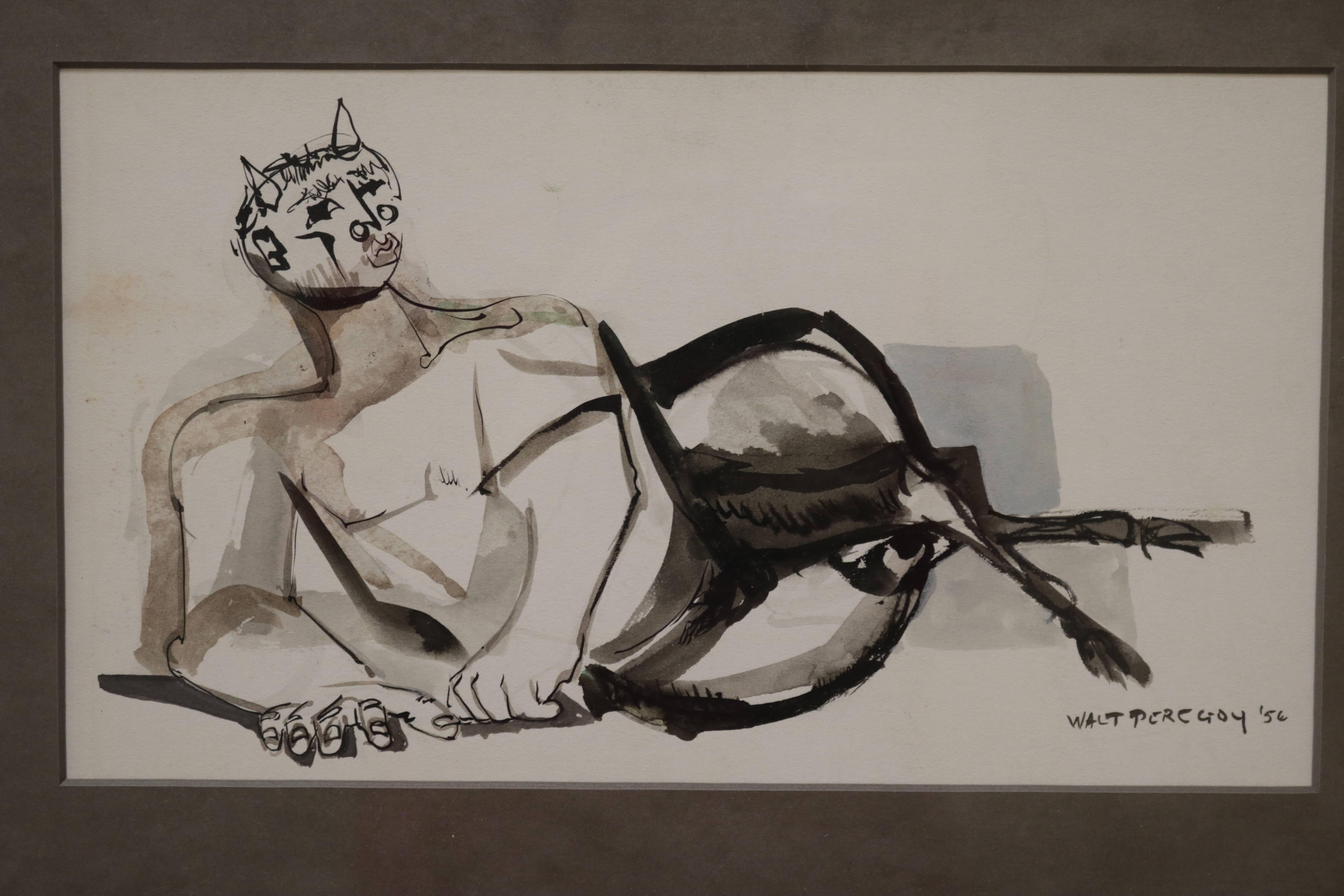 Watercolor and ink of a faun by Walter Peregoy.
Its frame is in cerused oak.