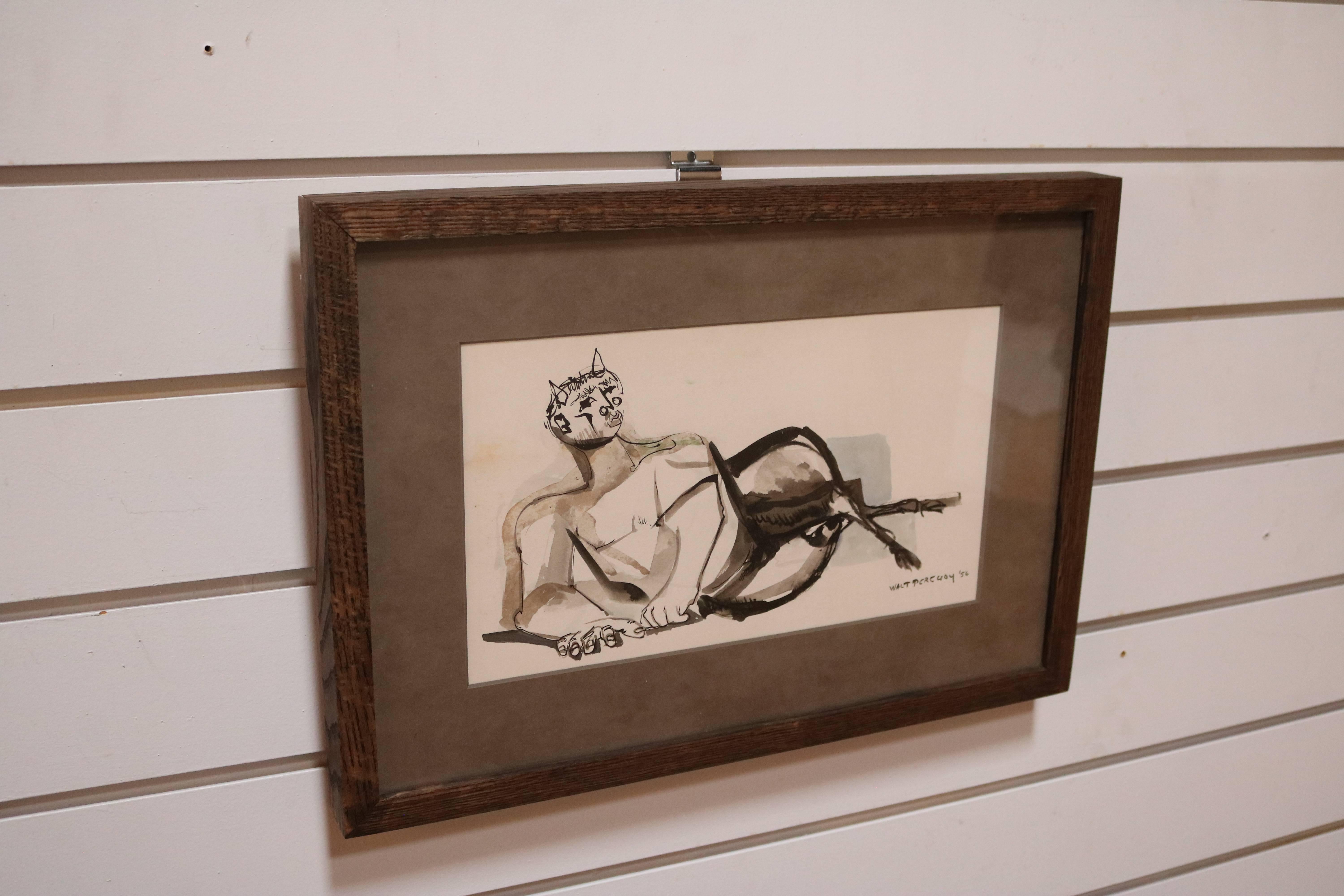 Mid-Century Modern Watercolor and Ink of a Faun by Walter Peregoy