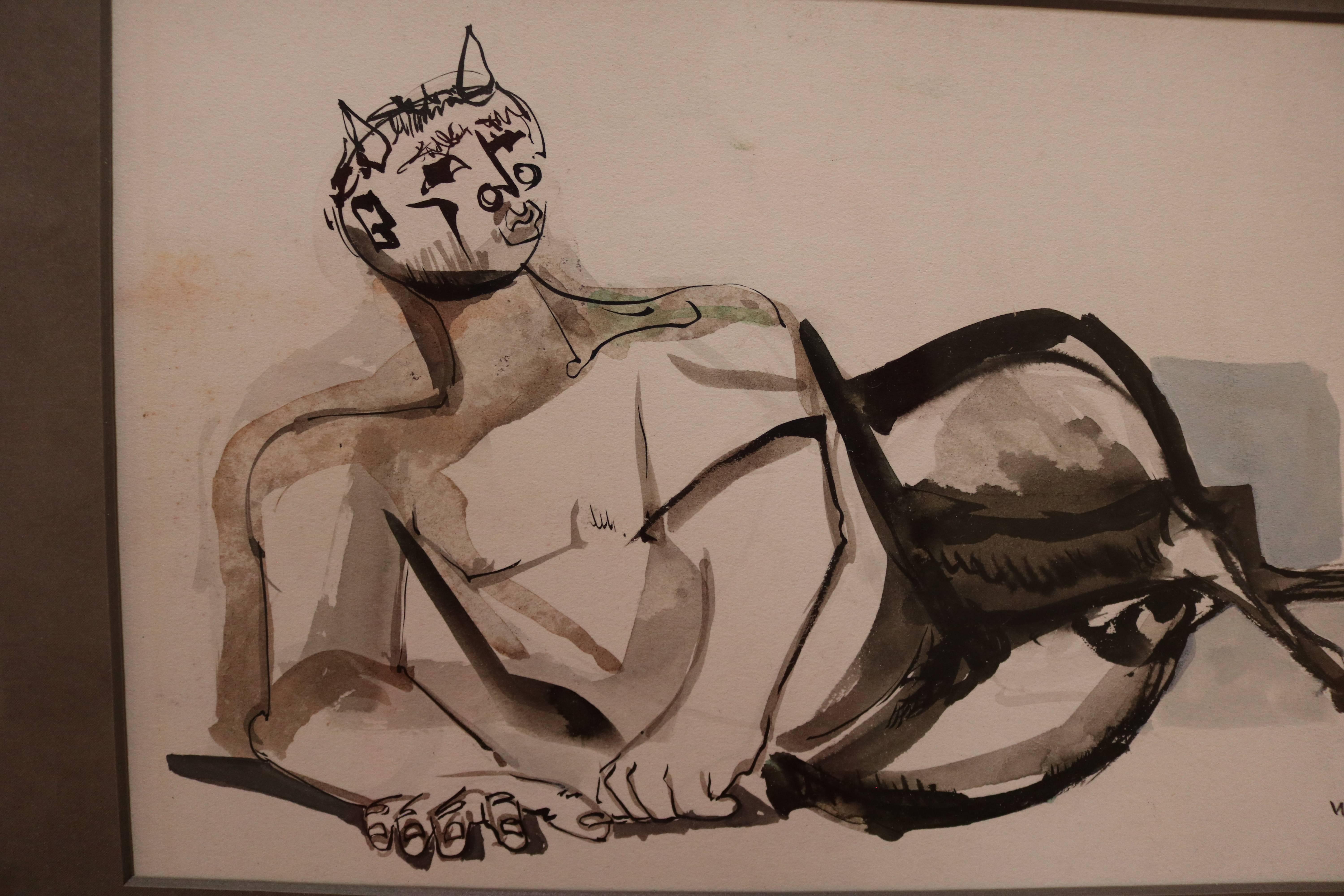 Mid-20th Century Watercolor and Ink of a Faun by Walter Peregoy
