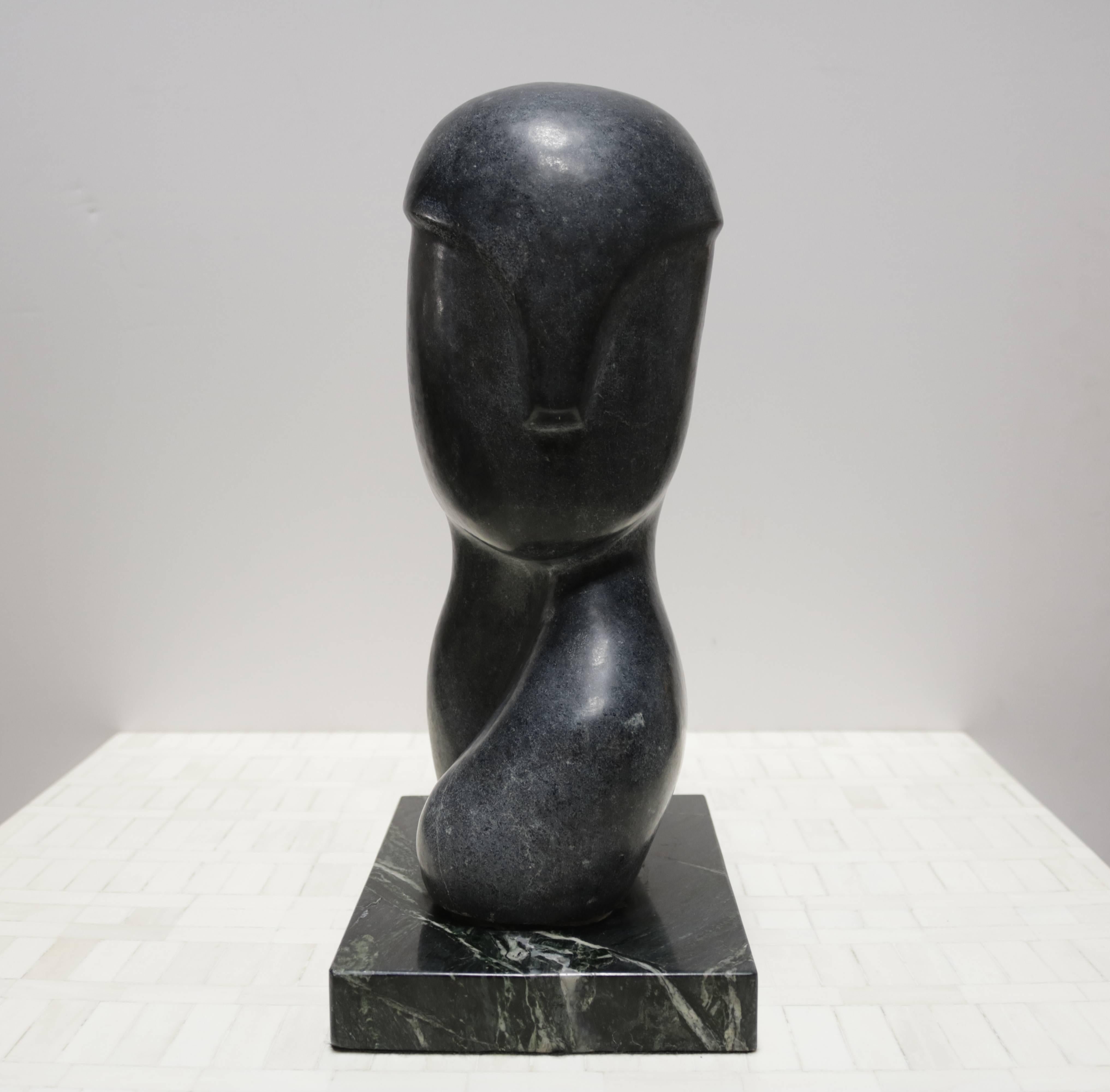 Carved Black Marble Figurative Sculpture Signed 