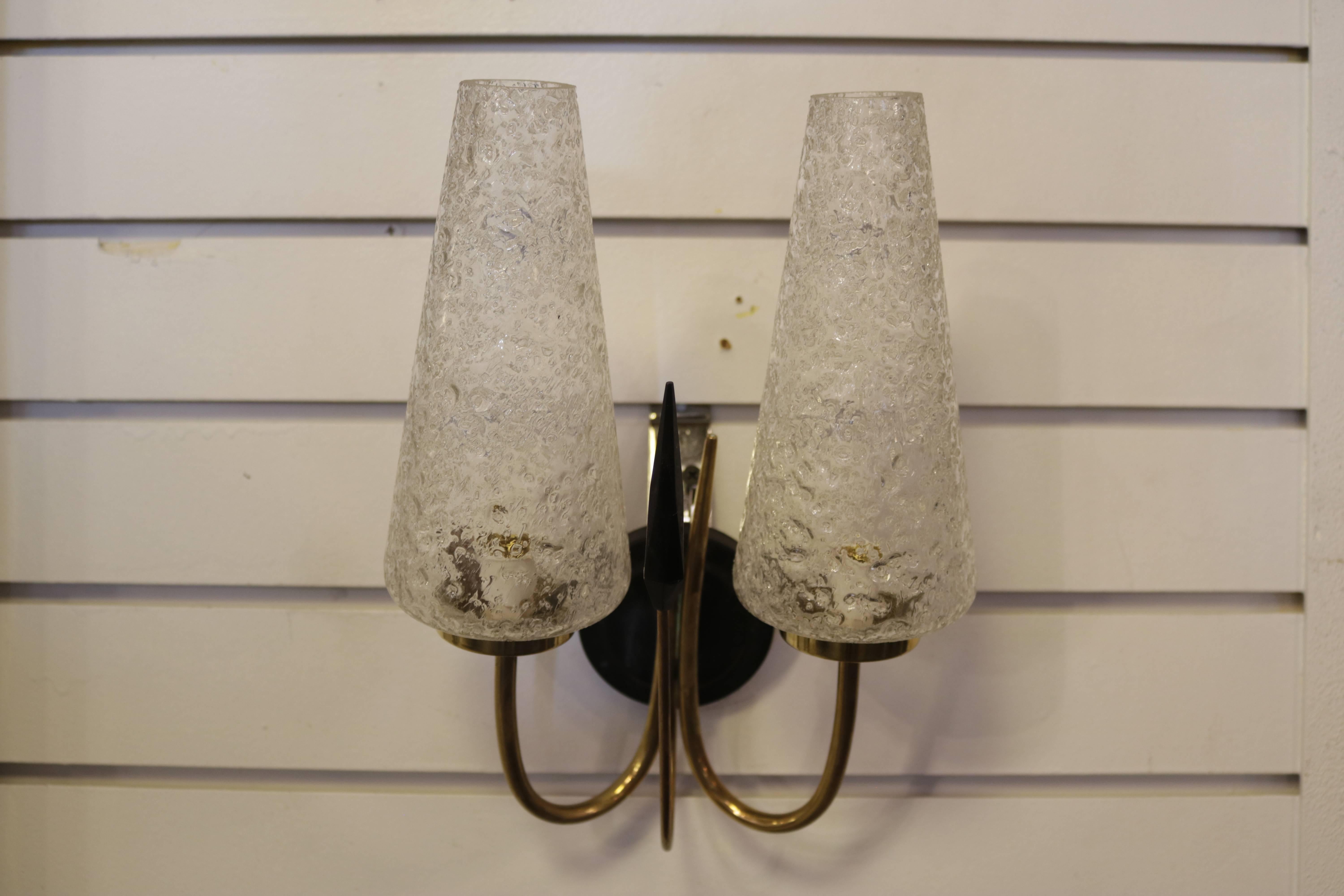 Mid-Century Modern French 1950s Textured Glass and Brass Sconces, Pair