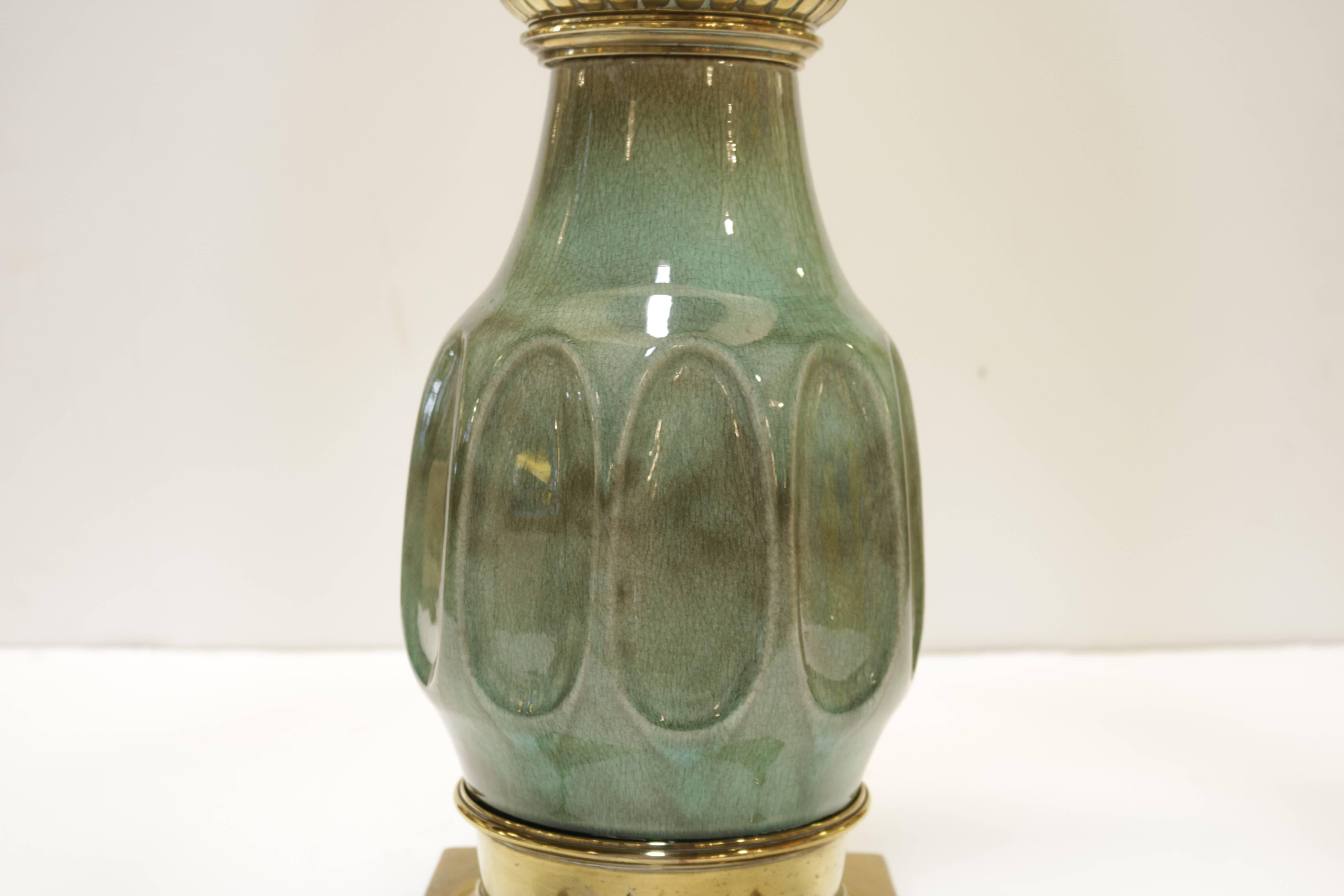 Mid-Century Modern Pair of Esmeralda Craquelure Ceramic and Bronze Table Lamps